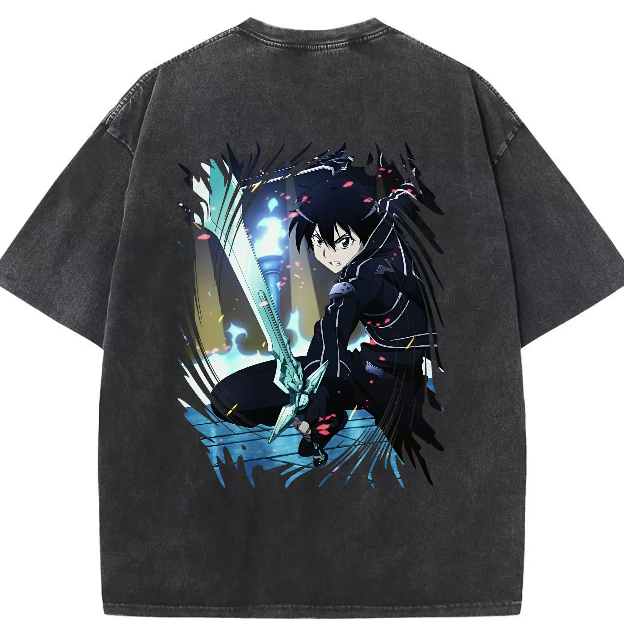 ソードアートオンライン グッズ キリト - 綿100％ ヴィンテージ風 半袖Tシャツ ・ 背面プリント ・ 柔らか肌触り ・ 通気性 快適 ・ スポーツ カジュアル 外出用