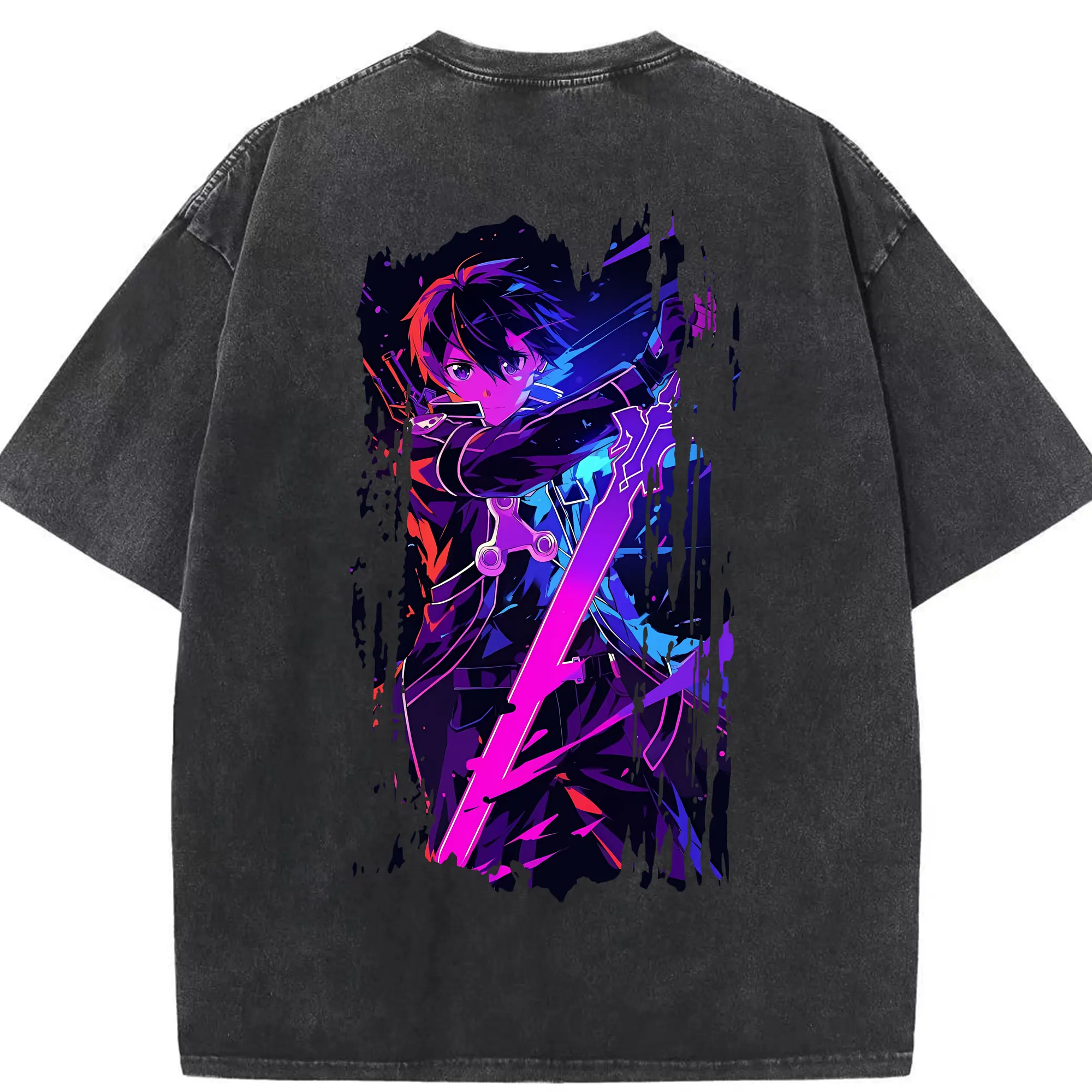 ソードアートオンライン グッズ キリト - 綿100％ ヴィンテージ風 半袖Tシャツ ・ 背面プリント ・ 柔らか肌触り ・ 通気性 快適 ・ スポーツ カジュアル 外出用