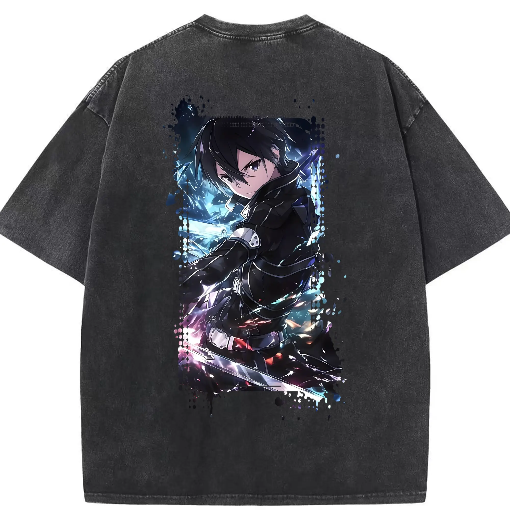 ソードアートオンライン グッズ キリト - 綿100％ ヴィンテージ風 半袖Tシャツ ・ 背面プリント ・ 柔らか肌触り ・ 通気性 快適 ・ スポーツ カジュアル 外出用
