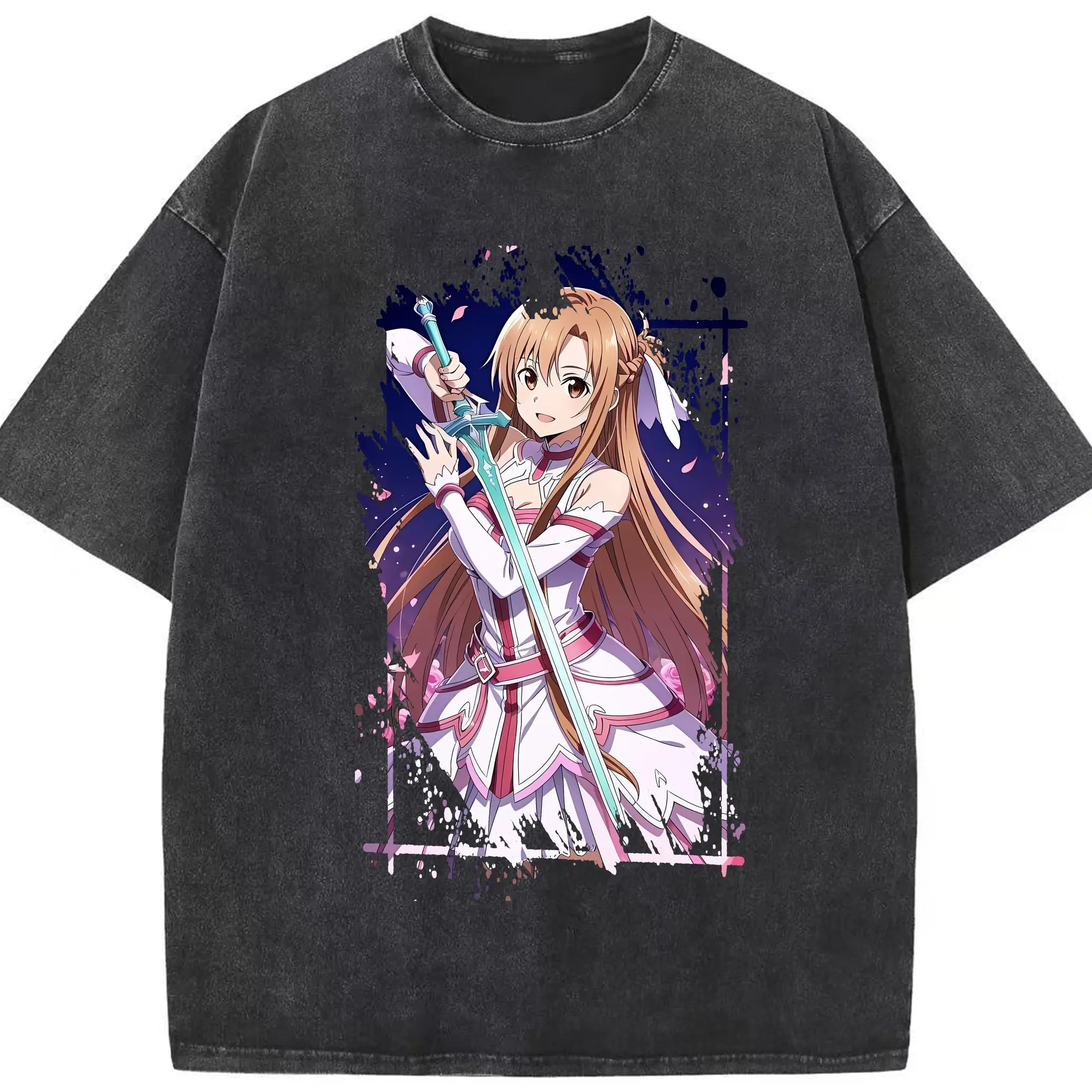 ソードアートオンライン グッズ アスナ - 綿100％ ヴィンテージ風 半袖Tシャツ ・ フロントプリント ・ 柔らか肌触り ・ 通気性 快適 ・ スポーツ カジュアル 外出用