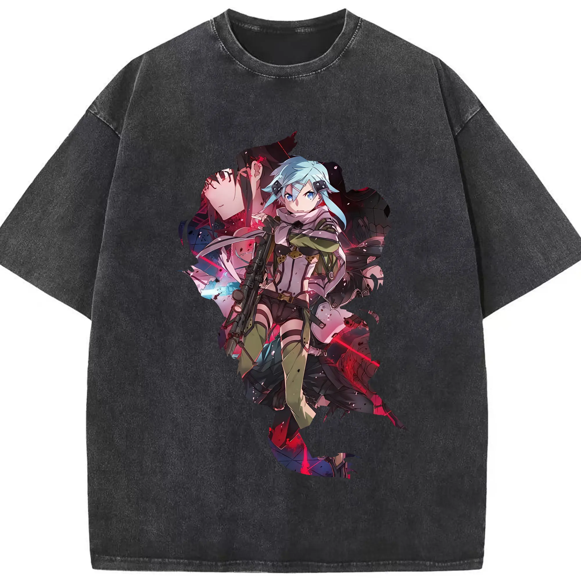 ソードアートオンライン グッズ シノン - 綿100％ ヴィンテージ風 半袖Tシャツ ・ フロントプリント ・ 柔らか肌触り ・ 通気性 快適 ・ スポーツ カジュアル 外出用