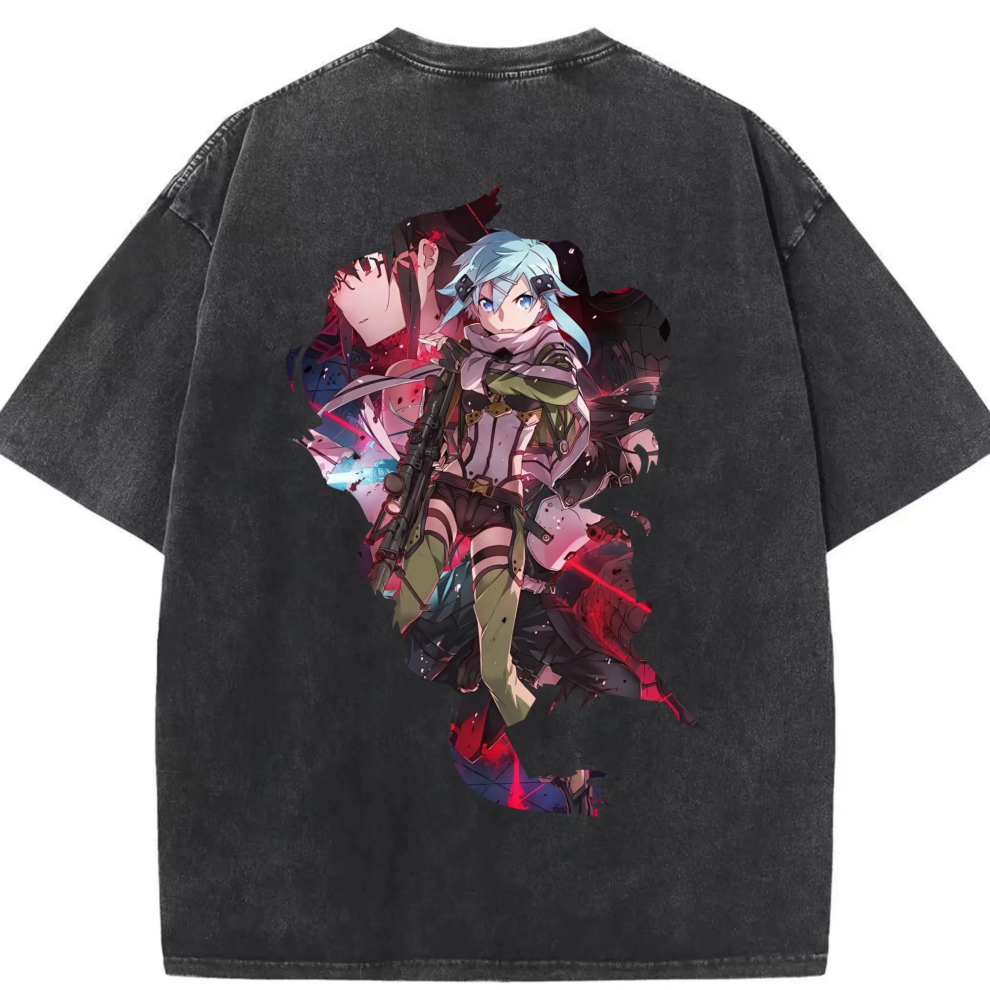ソードアートオンライン グッズ シノン - 綿100％ ヴィンテージ風 半袖Tシャツ ・ 背面プリント ・ 柔らか肌触り ・ 通気性 快適 ・ スポーツ カジュアル 外出用