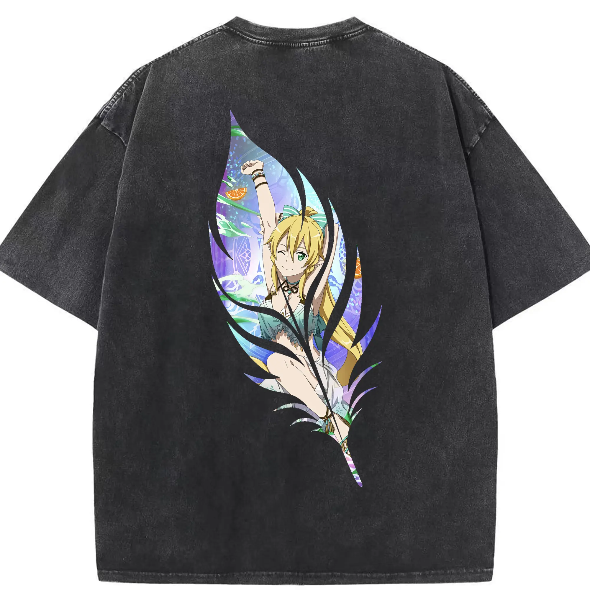 ソードアートオンライン グッズ リーファ - 綿100％ ヴィンテージ風 半袖Tシャツ ・ 背面プリント ・ 柔らか肌触り ・ 通気性 快適 ・ スポーツ カジュアル 外出用