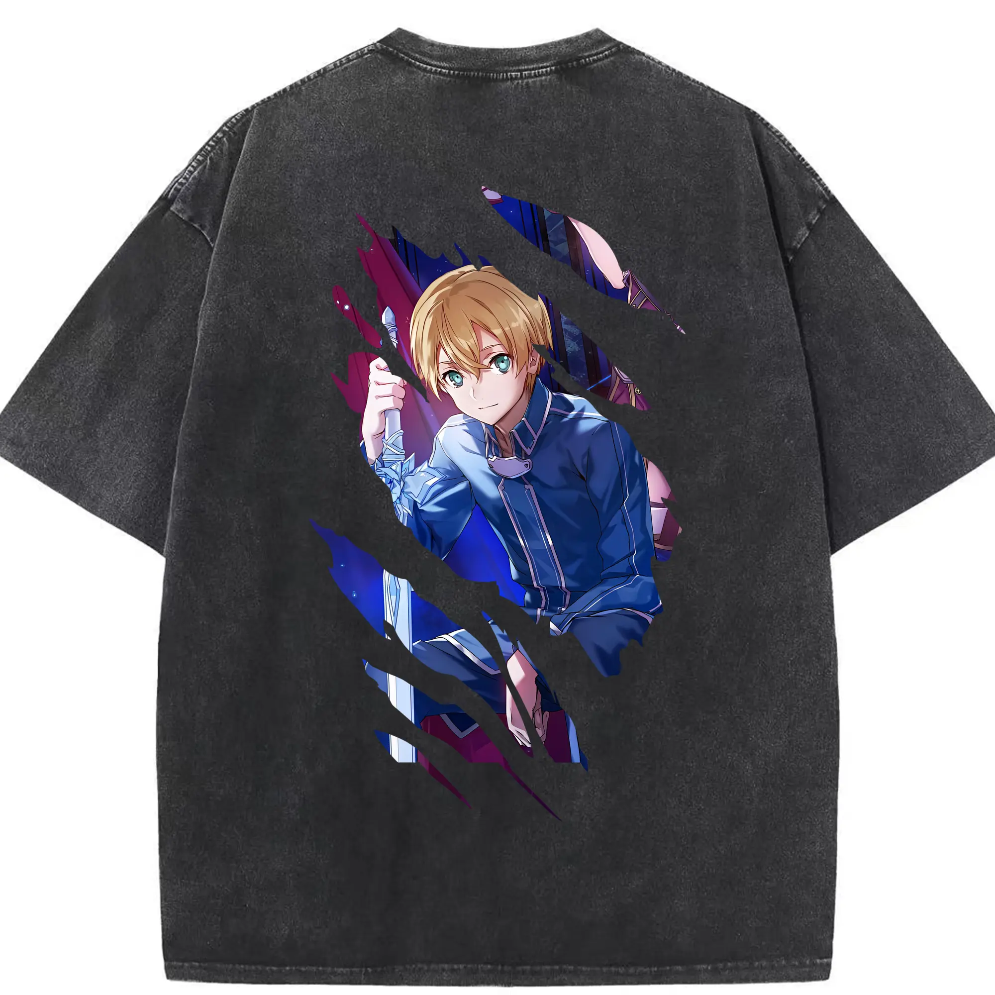 ソードアートオンライン グッズ ユージオ - 綿100％ ヴィンテージ風 半袖Tシャツ ・ 背面プリント ・ 柔らか肌触り ・ 通気性 快適 ・ スポーツ カジュアル 外出用