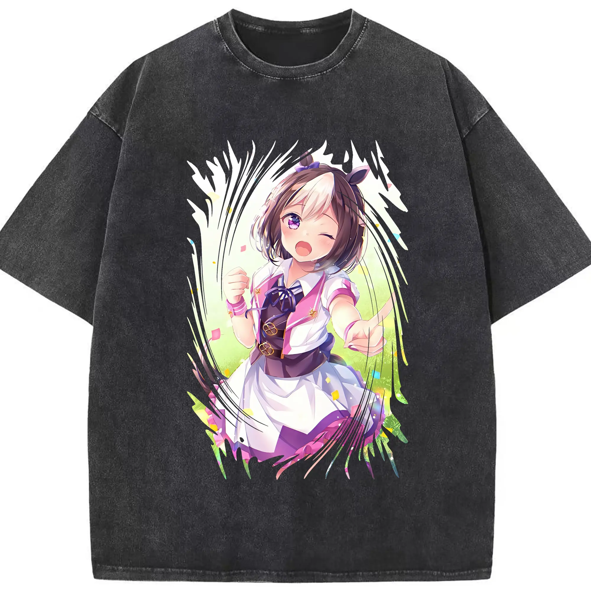 ウマ娘 プリティーダービー グッズ スペシャルウィーク - 綿100％ ヴィンテージ風 半袖Tシャツ ・ フロントプリント ・ 柔らか肌触り ・ 通気性 快適 ・ スポーツ カジュアル 外出用