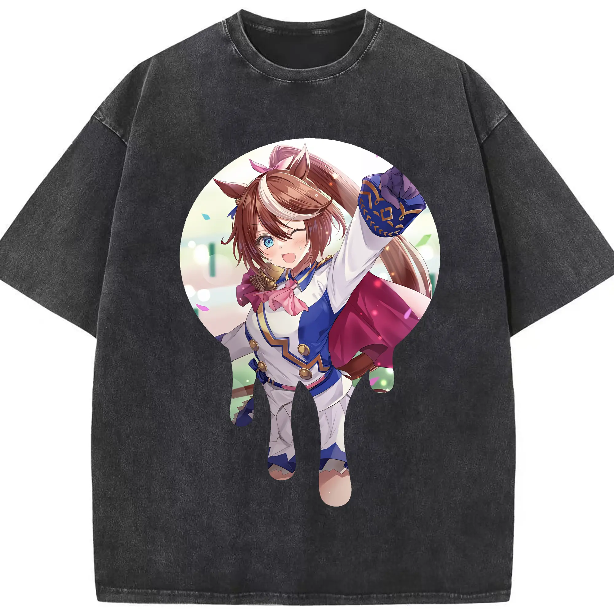 ウマ娘 プリティーダービー グッズ トウカイテイオー - 綿100％ ヴィンテージ風 半袖Tシャツ ・ フロントプリント ・ 柔らか肌触り ・ 通気性 快適 ・ スポーツ カジュアル 外出用