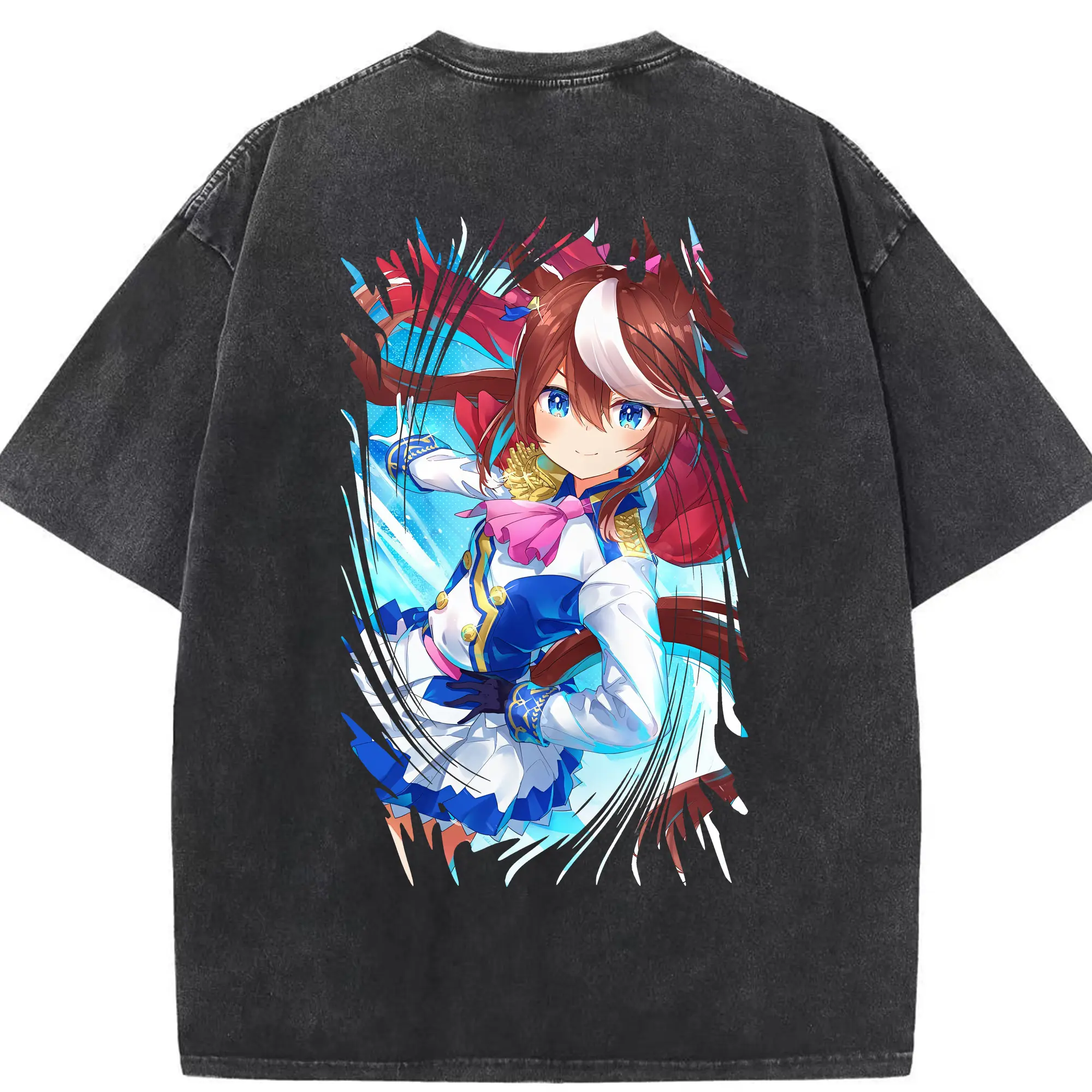ウマ娘 プリティーダービー グッズ トウカイテイオー - 綿100％ ヴィンテージ風 半袖Tシャツ ・ 背面プリント ・ 柔らか肌触り ・ 通気性 快適 ・ スポーツ カジュアル 外出用