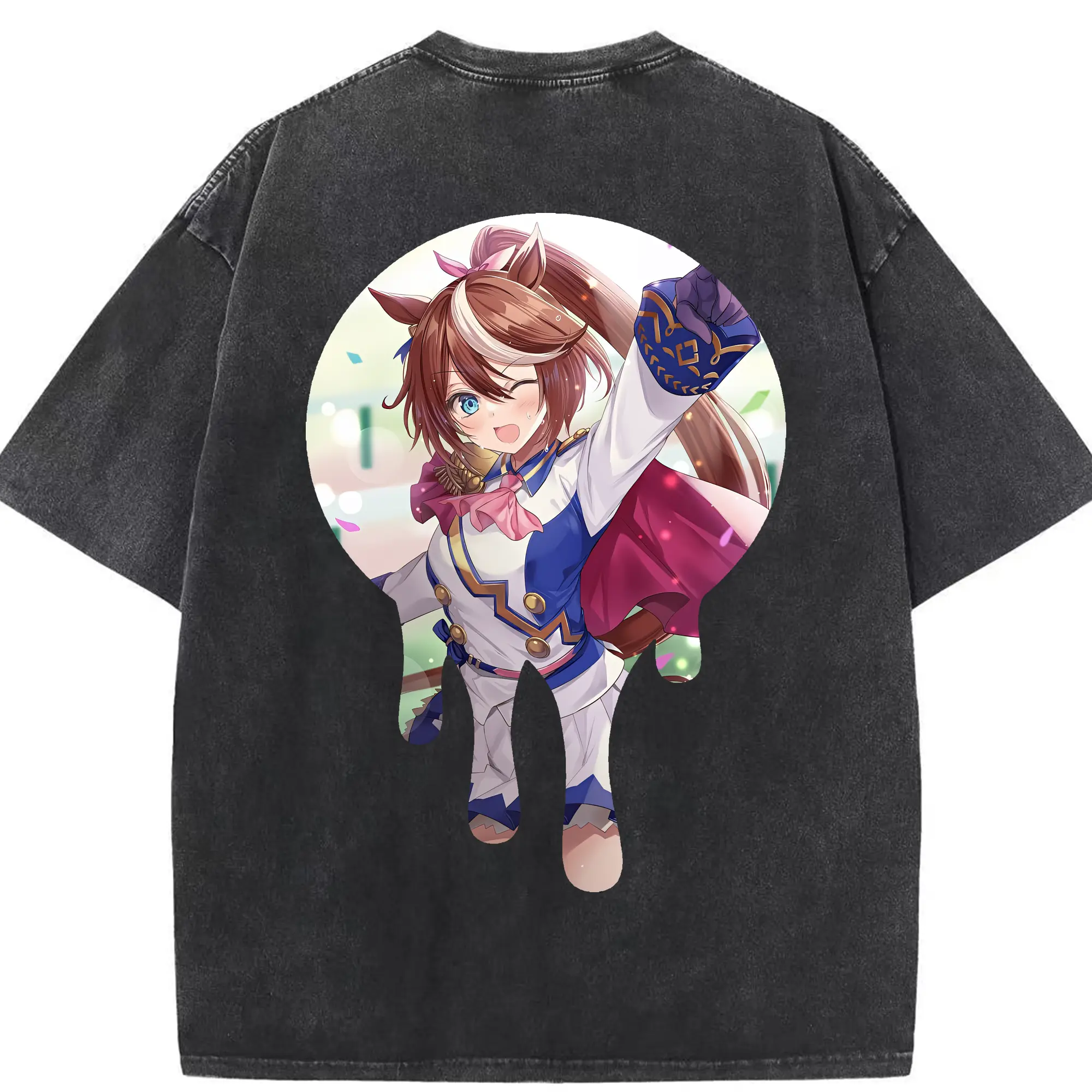 ウマ娘 プリティーダービー グッズ トウカイテイオー - 綿100％ ヴィンテージ風 半袖Tシャツ ・ 背面プリント ・ 柔らか肌触り ・ 通気性 快適 ・ スポーツ カジュアル 外出用