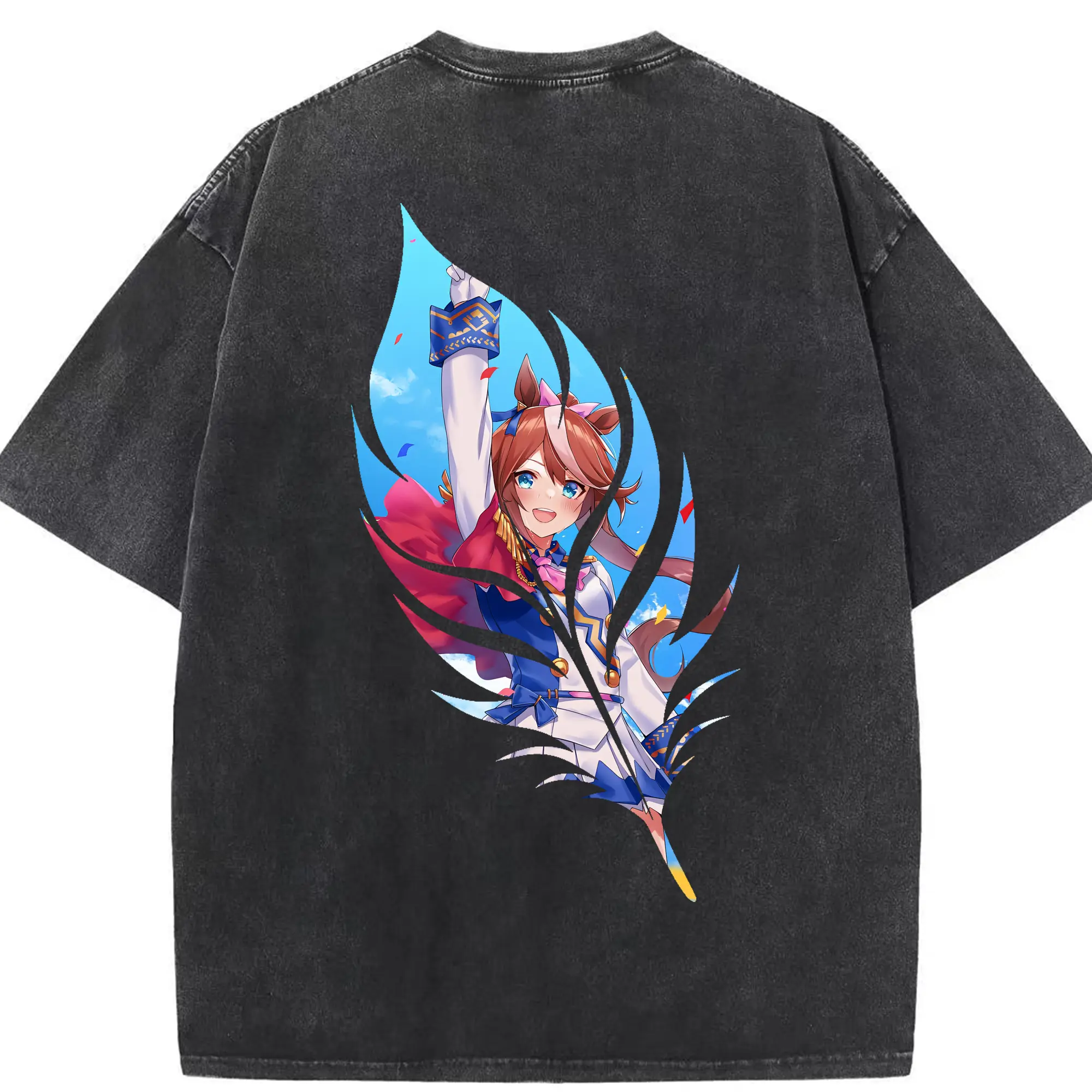 ウマ娘 プリティーダービー グッズ トウカイテイオー - 綿100％ ヴィンテージ風 半袖Tシャツ ・ 背面プリント ・ 柔らか肌触り ・ 通気性 快適 ・ スポーツ カジュアル 外出用