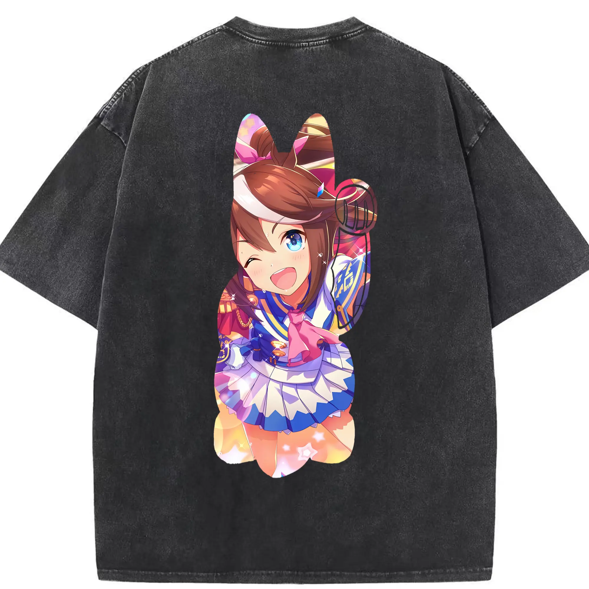 ウマ娘 プリティーダービー グッズ トウカイテイオー - 綿100％ ヴィンテージ風 半袖Tシャツ ・ 背面プリント ・ 柔らか肌触り ・ 通気性 快適 ・ スポーツ カジュアル 外出用