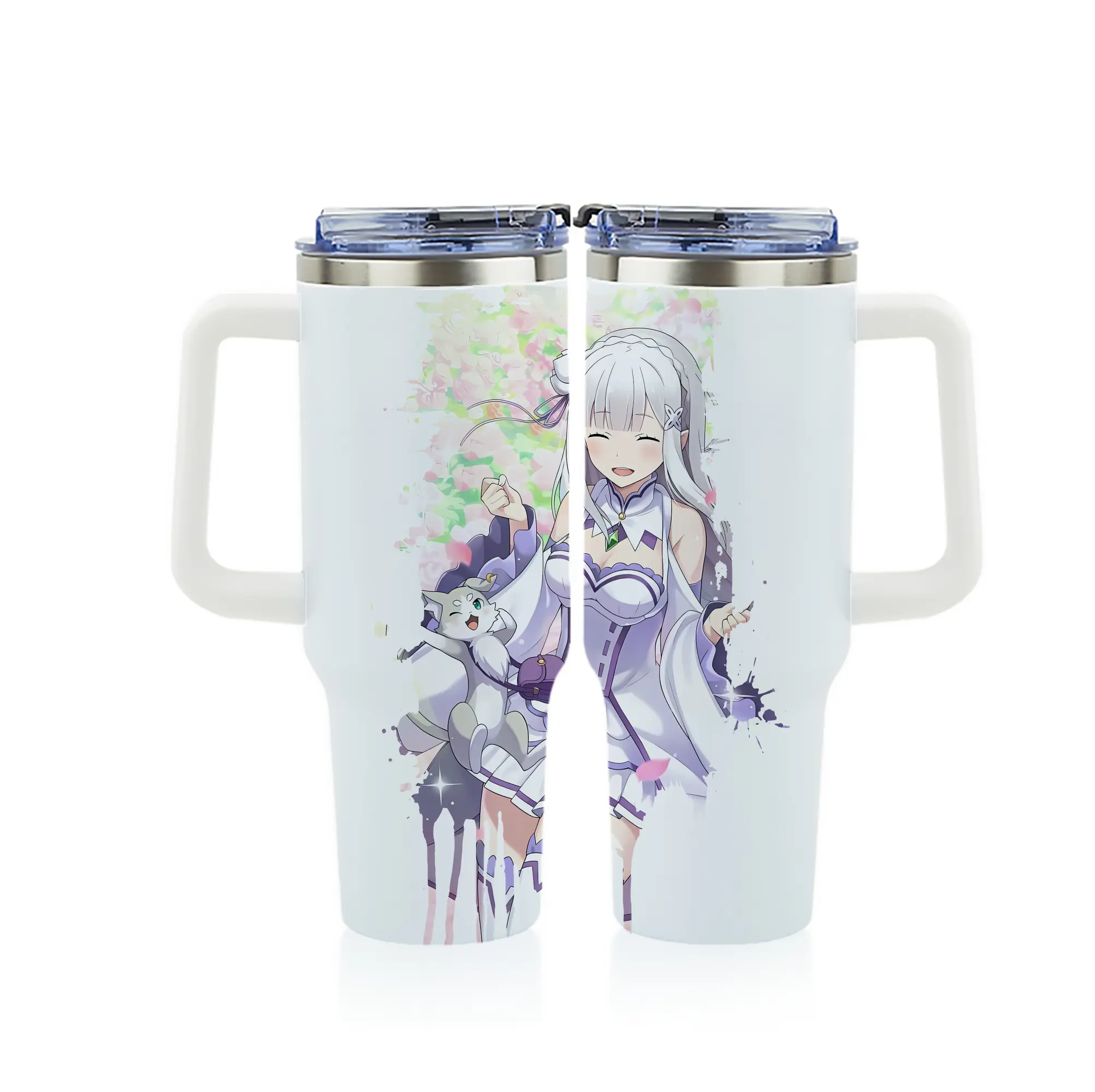 リゼロ グッズ エミリア - 1200mL フルプリント車用タンブラー ・ 304ステンレス 内側 ・ 201ステンレス 外側 ・ 保温 保冷 ・ 通勤 ドライブ アウトドア用