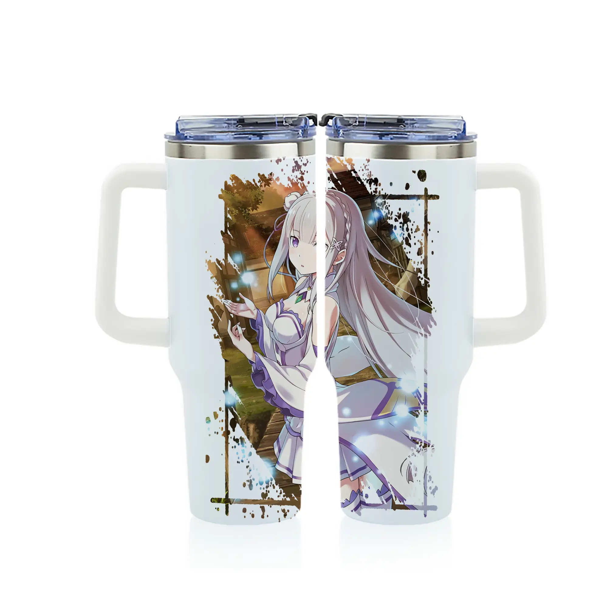 リゼロ グッズ エミリア - 1200mL フルプリント車用タンブラー ・ 304ステンレス 内側 ・ 201ステンレス 外側 ・ 保温 保冷 ・ 通勤 ドライブ アウトドア用