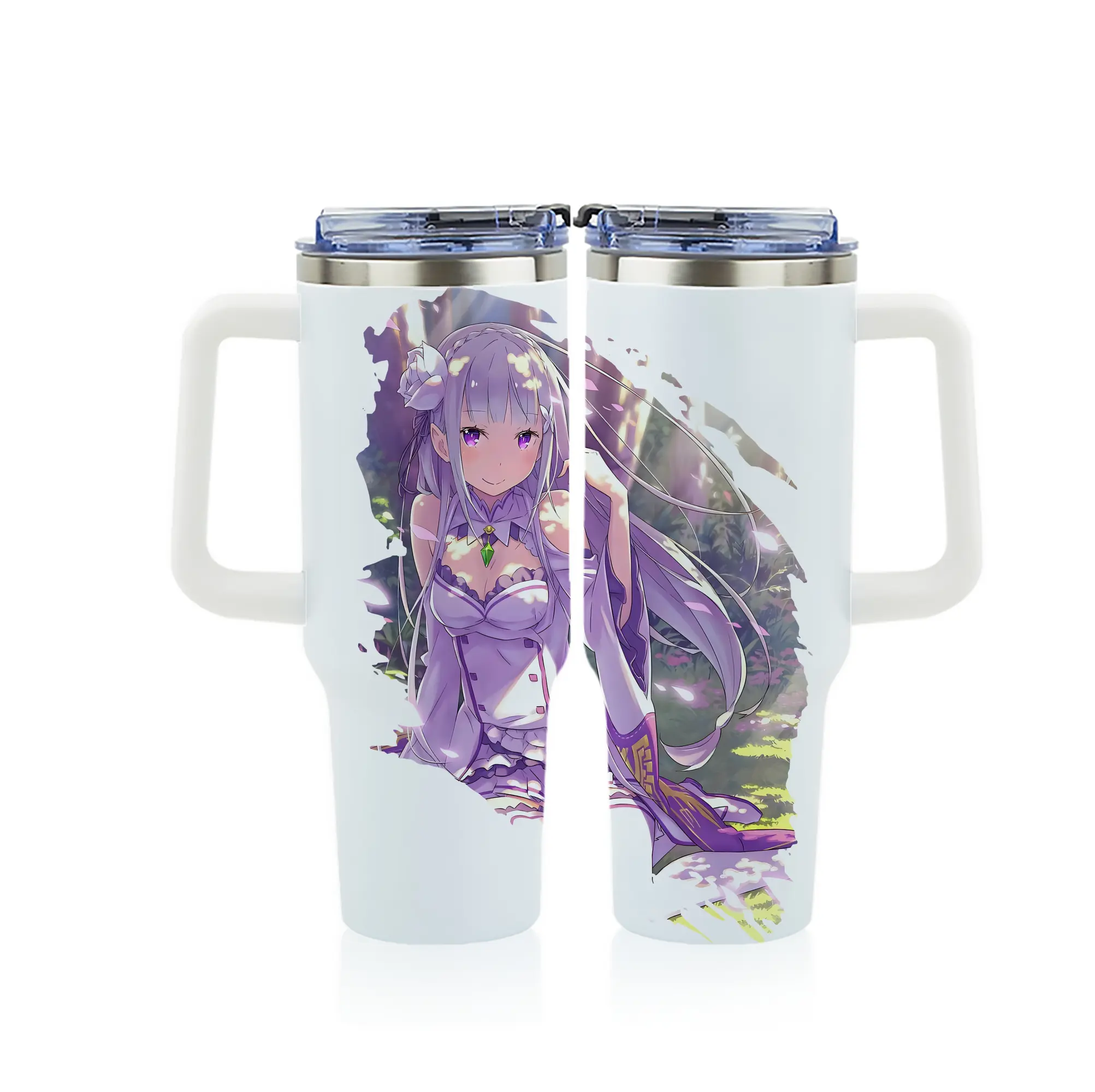 リゼロ グッズ エミリア - 1200mL フルプリント車用タンブラー ・ 304ステンレス 内側 ・ 201ステンレス 外側 ・ 保温 保冷 ・ 通勤 ドライブ アウトドア用