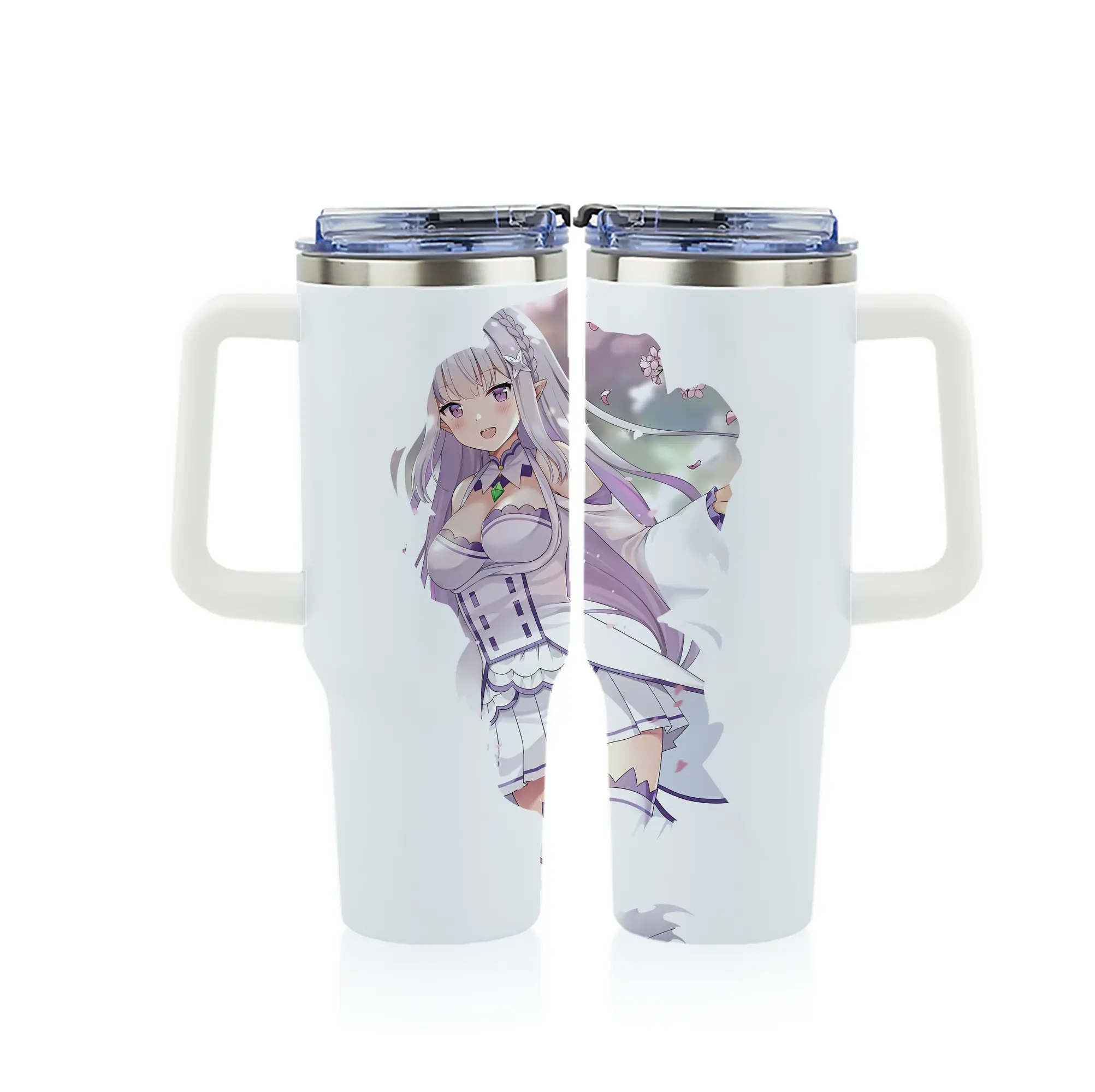 リゼロ グッズ エミリア - 1200mL フルプリント車用タンブラー ・ 304ステンレス 内側 ・ 201ステンレス 外側 ・ 保温 保冷 ・ 通勤 ドライブ アウトドア用