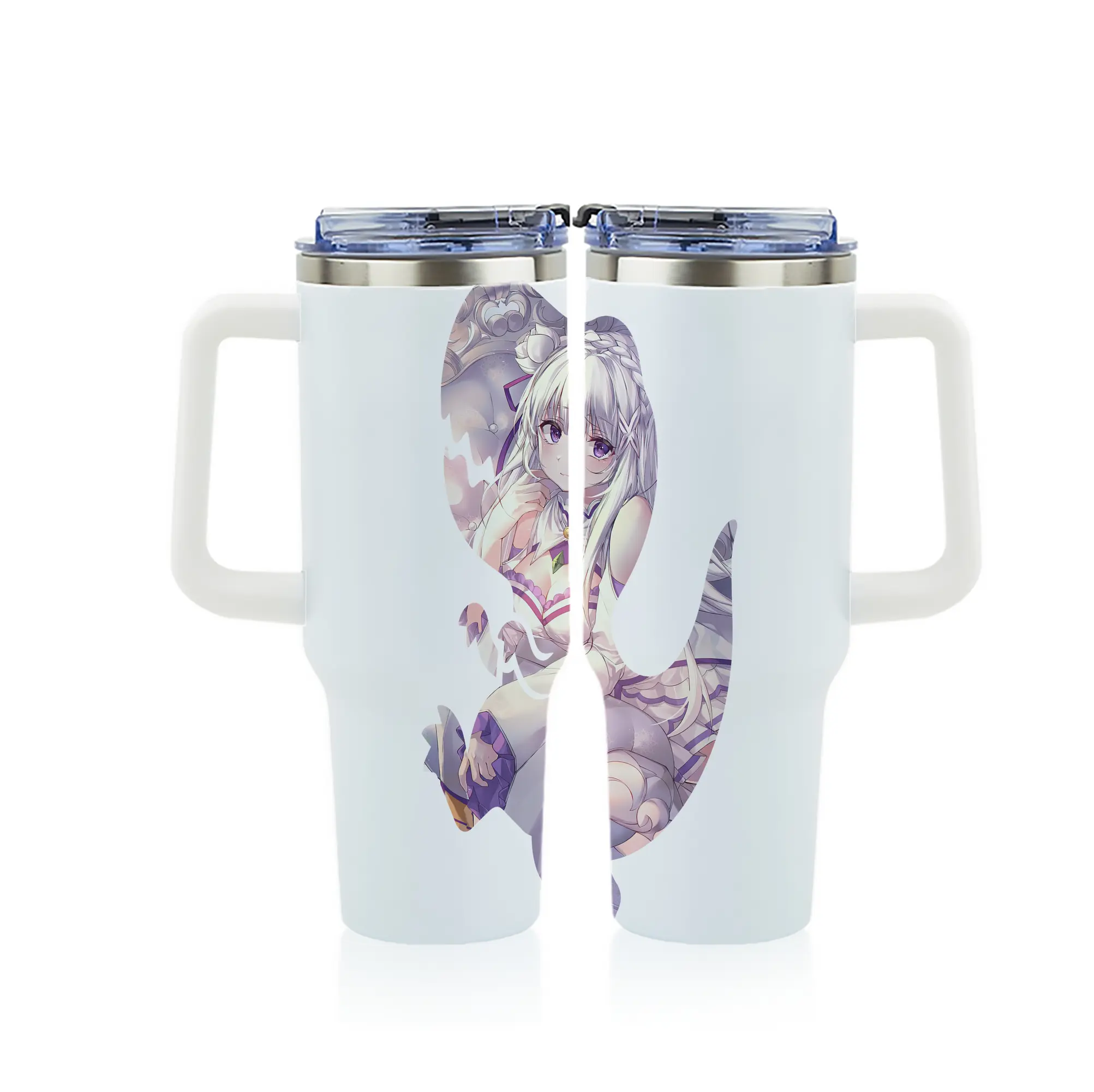 リゼロ グッズ エミリア - 1200mL フルプリント車用タンブラー ・ 304ステンレス 内側 ・ 201ステンレス 外側 ・ 保温 保冷 ・ 通勤 ドライブ アウトドア用