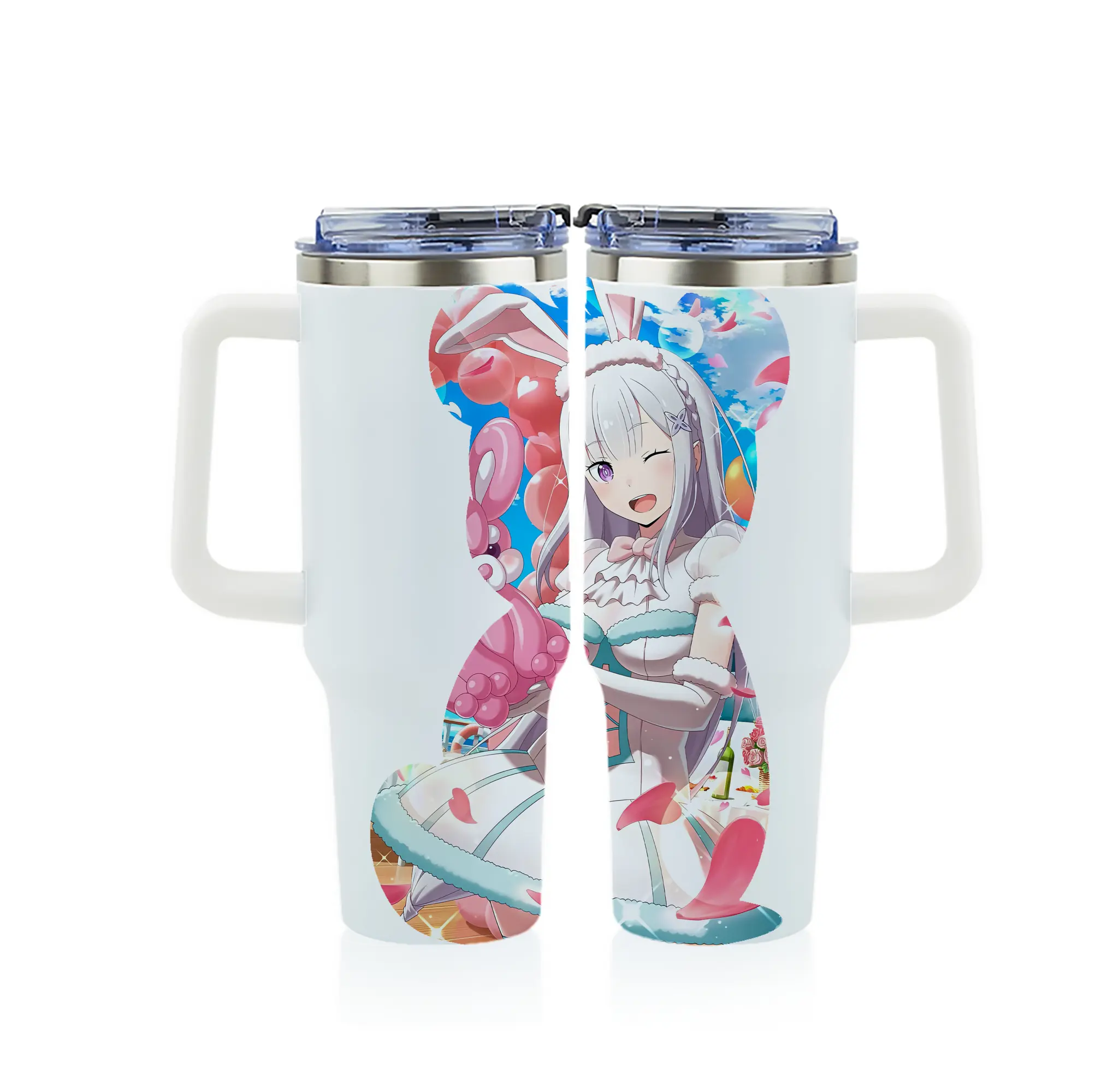 リゼロ グッズ エミリア - 1200mL フルプリント車用タンブラー ・ 304ステンレス 内側 ・ 201ステンレス 外側 ・ 保温 保冷 ・ 通勤 ドライブ アウトドア用