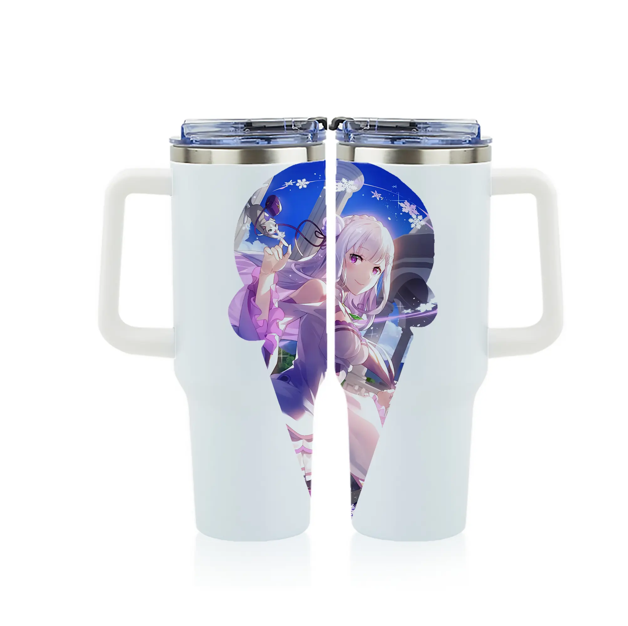 リゼロ グッズ エミリア - 1200mL フルプリント車用タンブラー ・ 304ステンレス 内側 ・ 201ステンレス 外側 ・ 保温 保冷 ・ 通勤 ドライブ アウトドア用