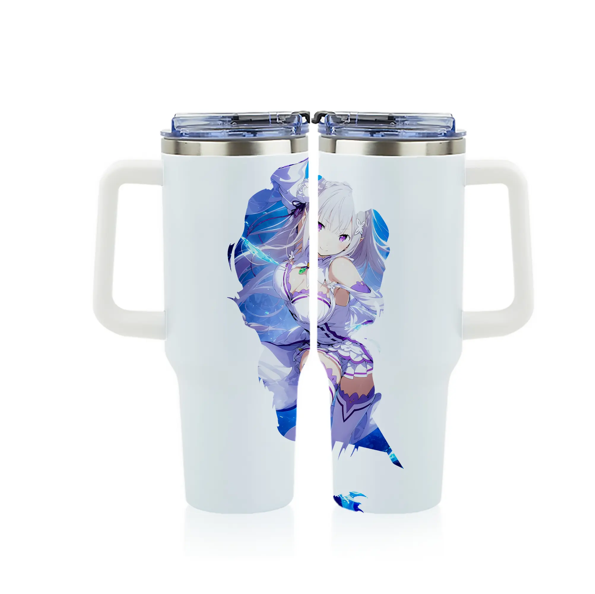 リゼロ グッズ エミリア - 1200mL フルプリント車用タンブラー ・ 304ステンレス 内側 ・ 201ステンレス 外側 ・ 保温 保冷 ・ 通勤 ドライブ アウトドア用