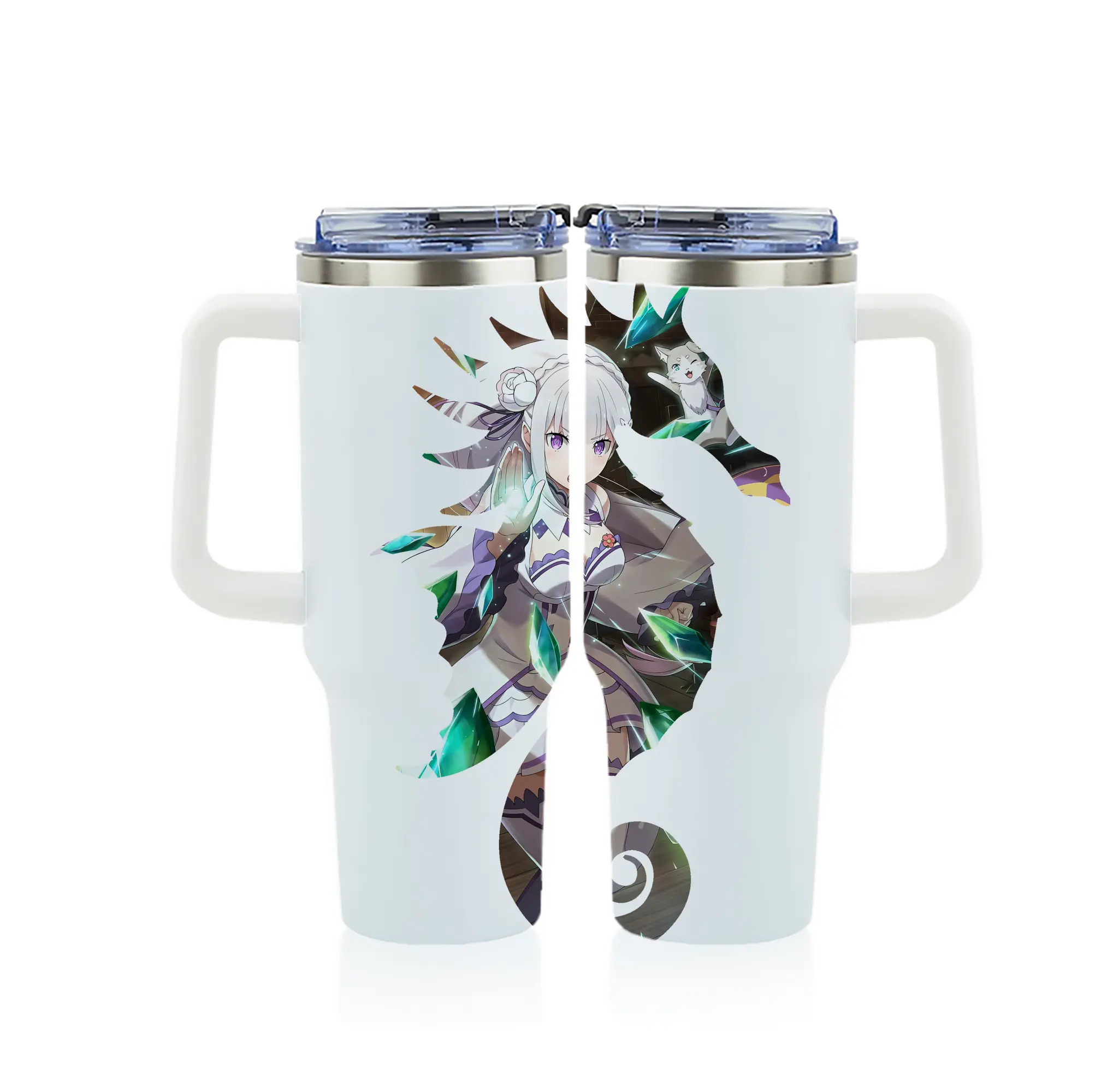 リゼロ グッズ エミリア - 1200mL フルプリント車用タンブラー ・ 304ステンレス 内側 ・ 201ステンレス 外側 ・ 保温 保冷 ・ 通勤 ドライブ アウトドア用