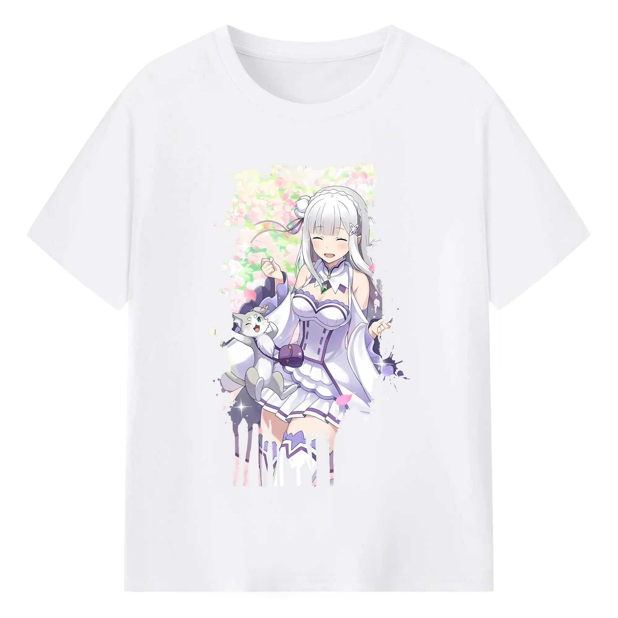 リゼロ グッズ エミリア - 綿100％ 半袖Tシャツ ・ フロントプリント ・ 快適 通気性 ・ 日常使い 散歩 スポーツ用