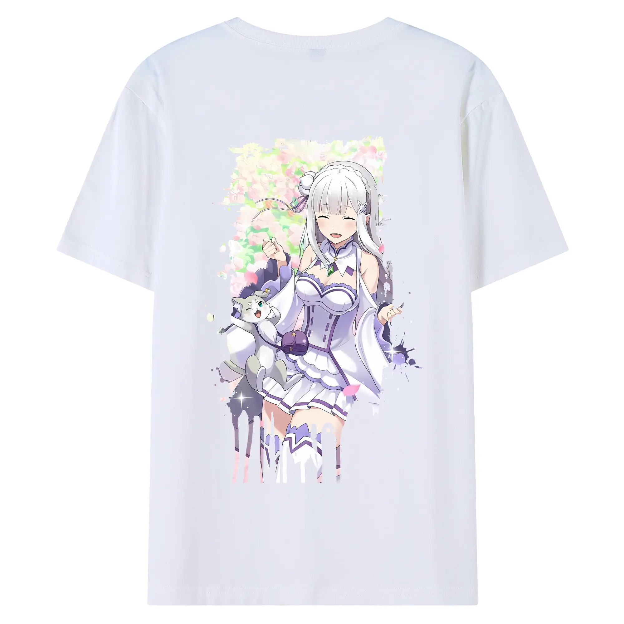 リゼロ グッズ エミリア - 綿100％ 半袖Tシャツ ・ バックプリント ・ 快適 通気性 ・ 日常使い 散歩 スポーツ用