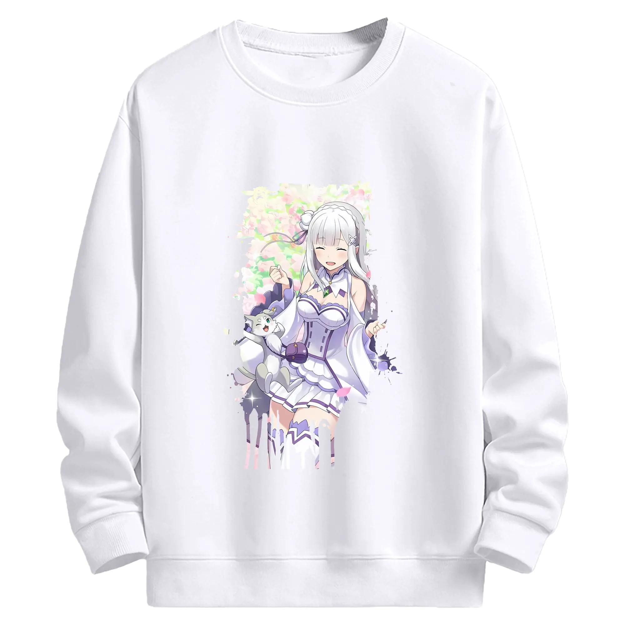 リゼロ グッズ エミリア - 高品質 クルーネック スウェット ・ コットン59％ ポリエステル41％ ・ ユニセックス 長袖 トレーナー ・ カジュアル デイリー スポーツ 散歩用