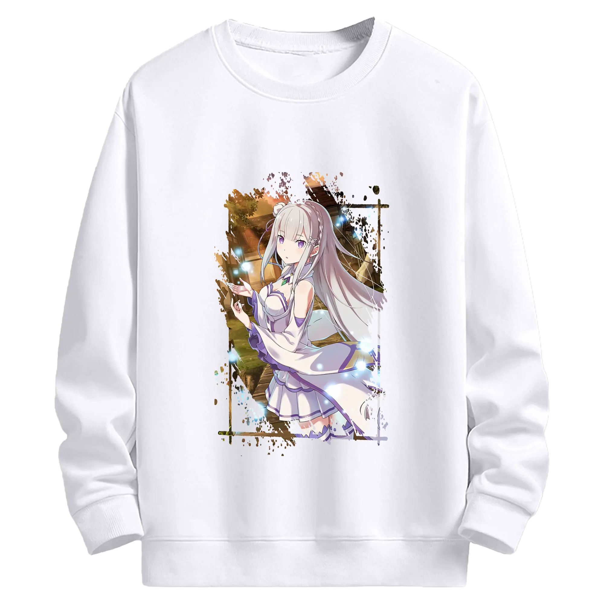 リゼロ グッズ エミリア - 高品質 クルーネック スウェット ・ コットン59％ ポリエステル41％ ・ ユニセックス 長袖 トレーナー ・ カジュアル デイリー スポーツ 散歩用