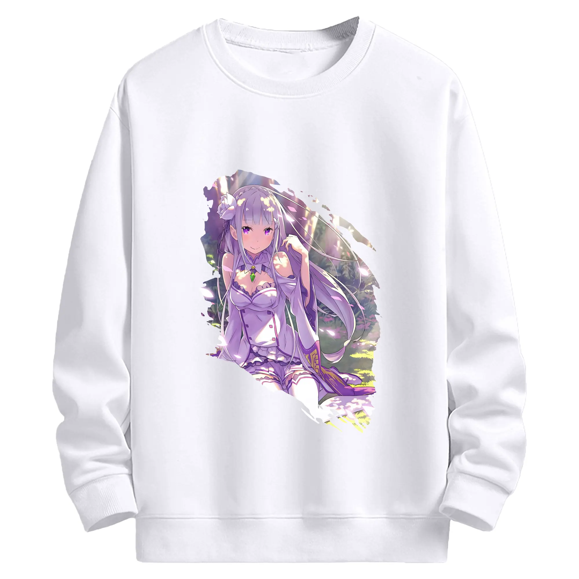 リゼロ グッズ エミリア - 高品質 クルーネック スウェット ・ コットン59％ ポリエステル41％ ・ ユニセックス 長袖 トレーナー ・ カジュアル デイリー スポーツ 散歩用