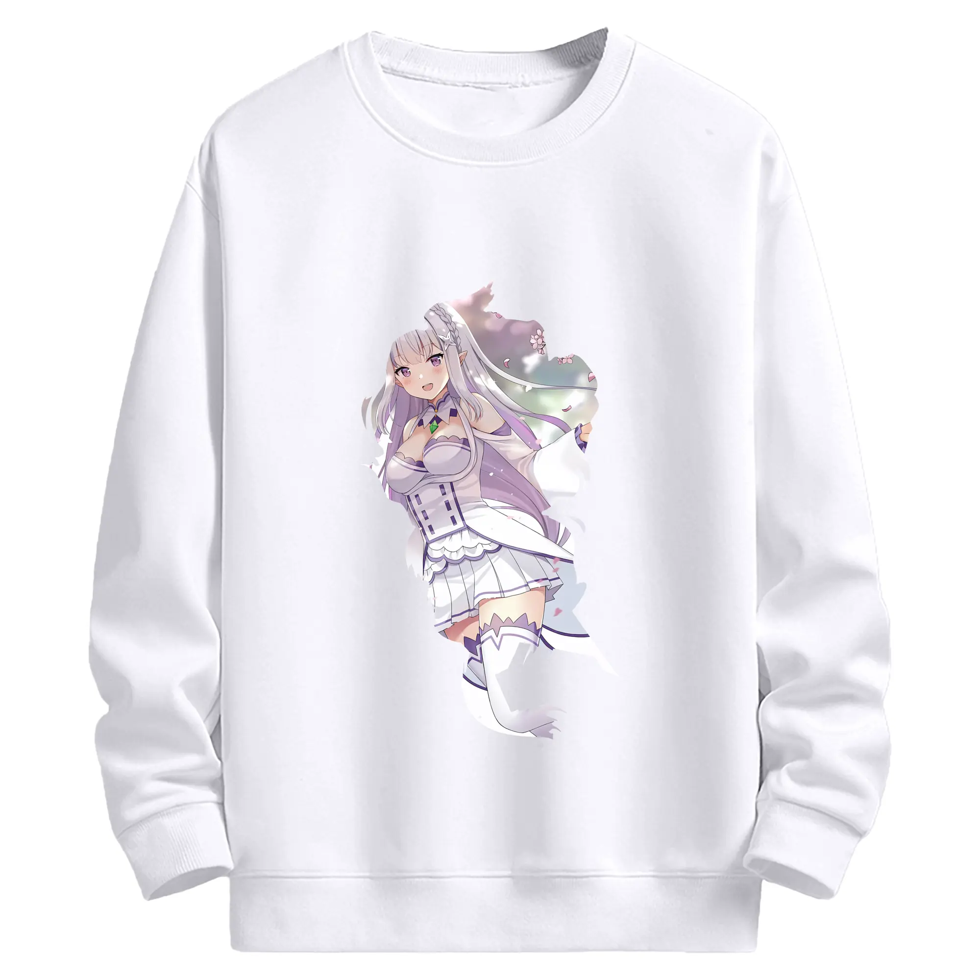 リゼロ グッズ エミリア - 高品質 クルーネック スウェット ・ コットン59％ ポリエステル41％ ・ ユニセックス 長袖 トレーナー ・ カジュアル デイリー スポーツ 散歩用