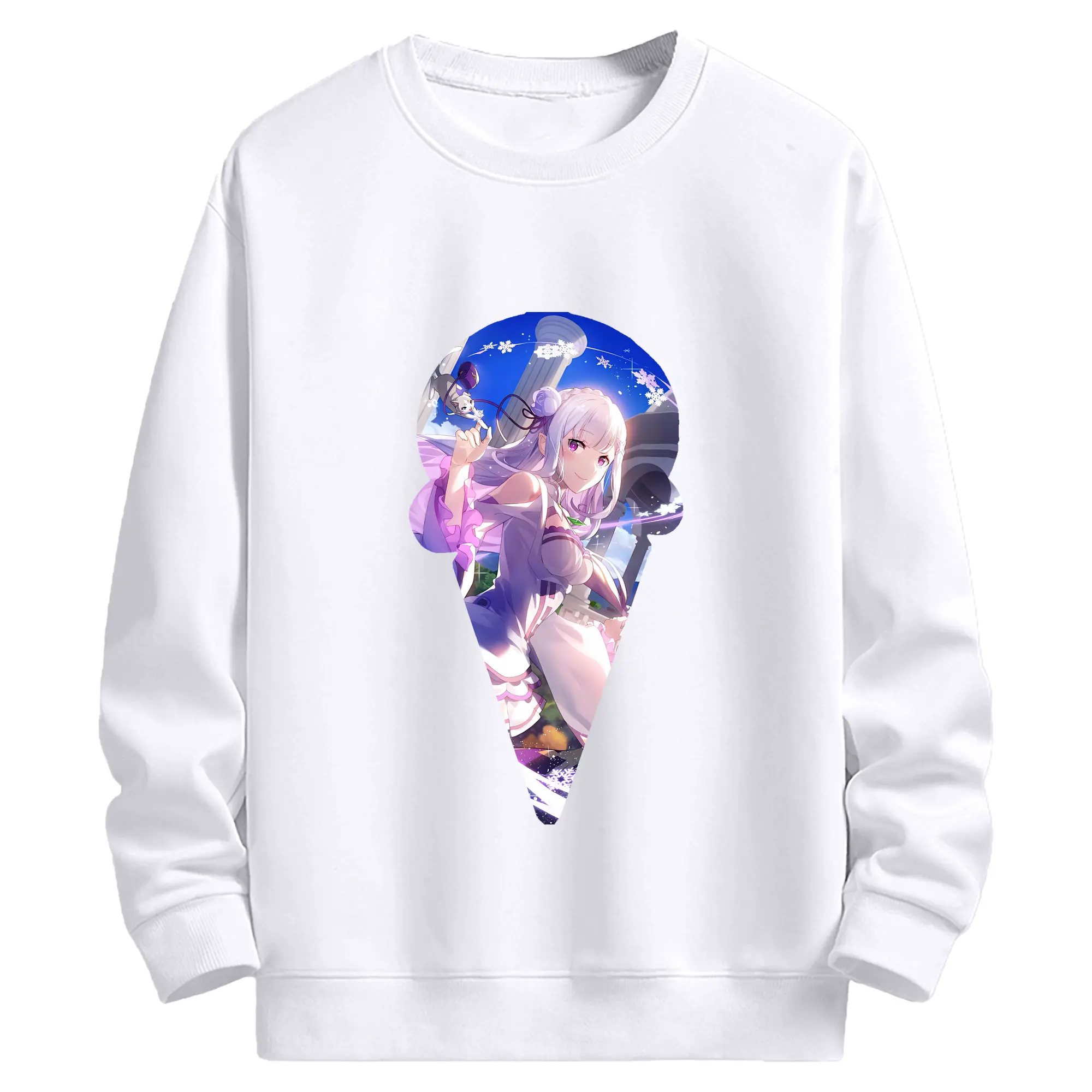 リゼロ グッズ エミリア - 高品質 クルーネック スウェット ・ コットン59％ ポリエステル41％ ・ ユニセックス 長袖 トレーナー ・ カジュアル デイリー スポーツ 散歩用