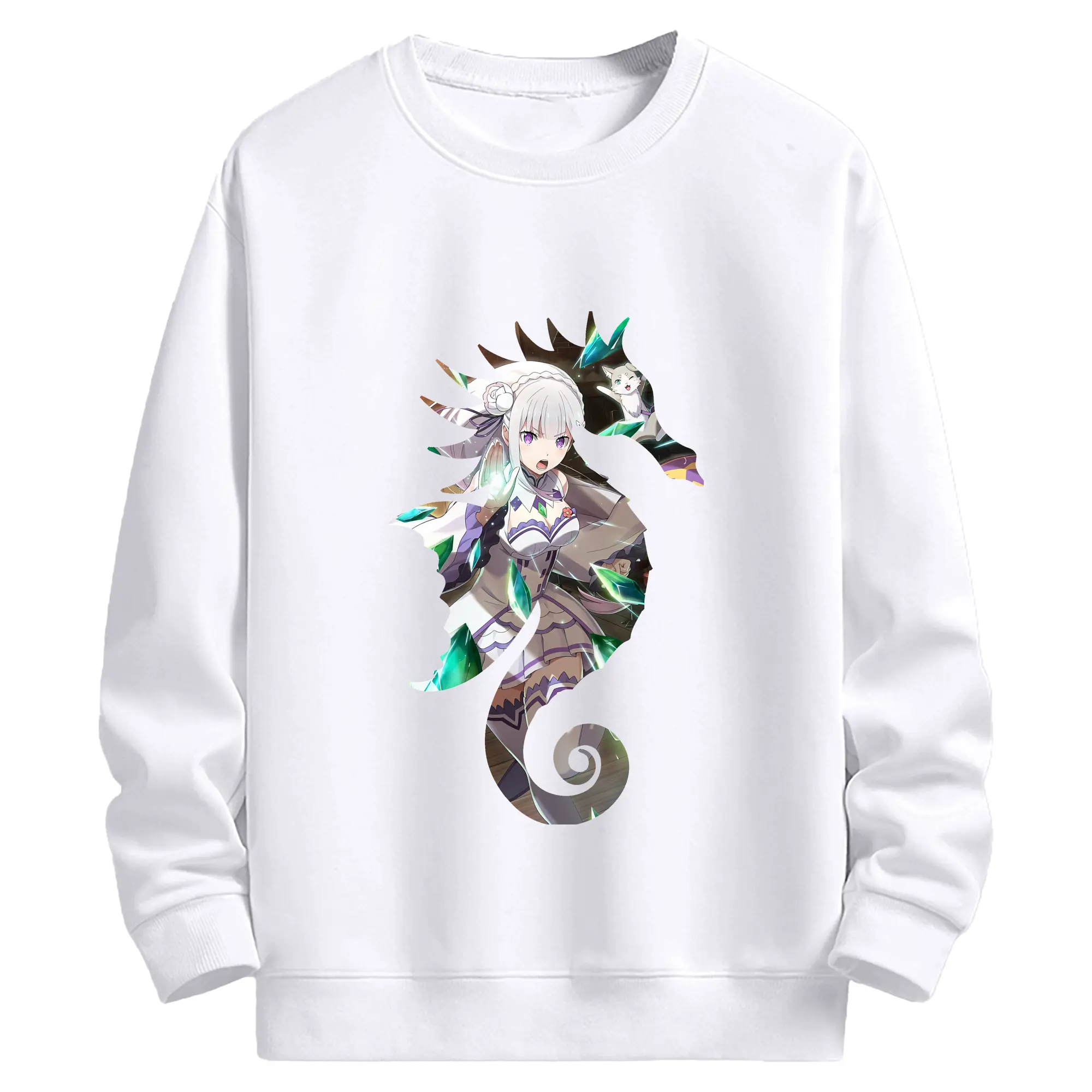 リゼロ グッズ エミリア - 高品質 クルーネック スウェット ・ コットン59％ ポリエステル41％ ・ ユニセックス 長袖 トレーナー ・ カジュアル デイリー スポーツ 散歩用