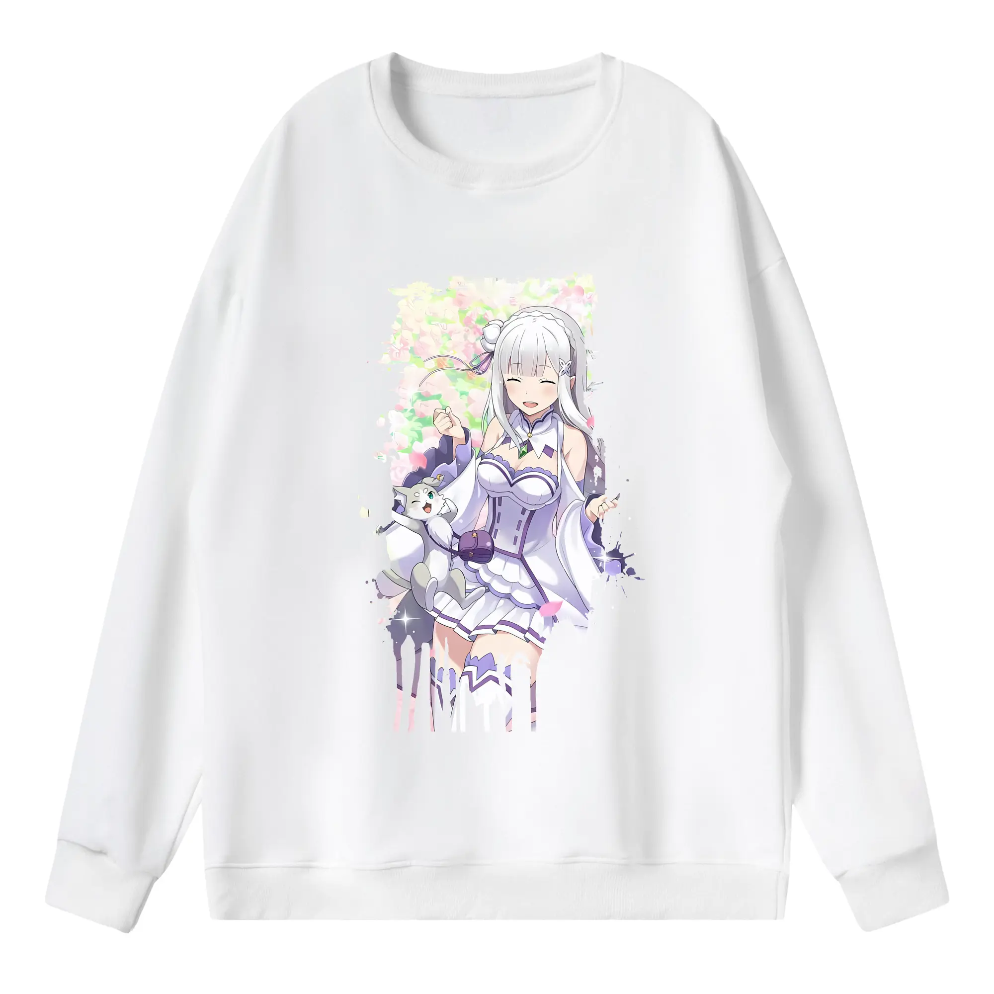 リゼロ グッズ エミリア - 薄手 クルーネック スウェット 裏毛260g · ポリエステル 春秋向け カジュアル 男女兼用 · トレーナー デイリー スポーツ 散歩に最適