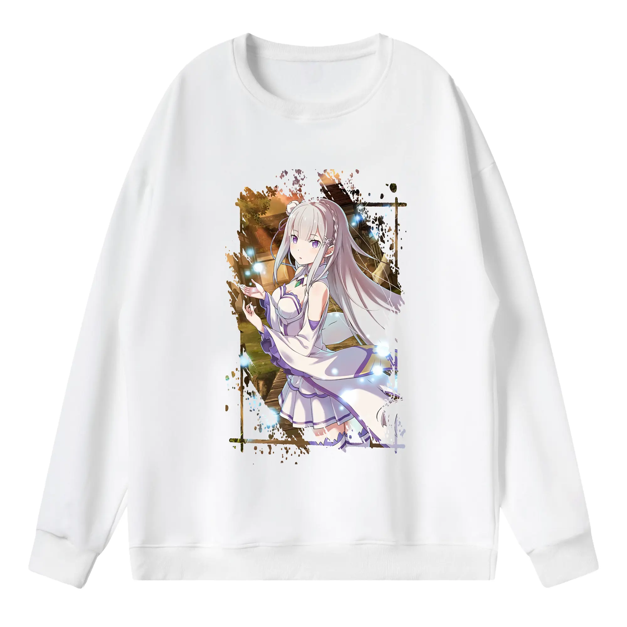 リゼロ グッズ エミリア - 薄手 クルーネック スウェット 裏毛260g · ポリエステル 春秋向け カジュアル 男女兼用 · トレーナー デイリー スポーツ 散歩に最適