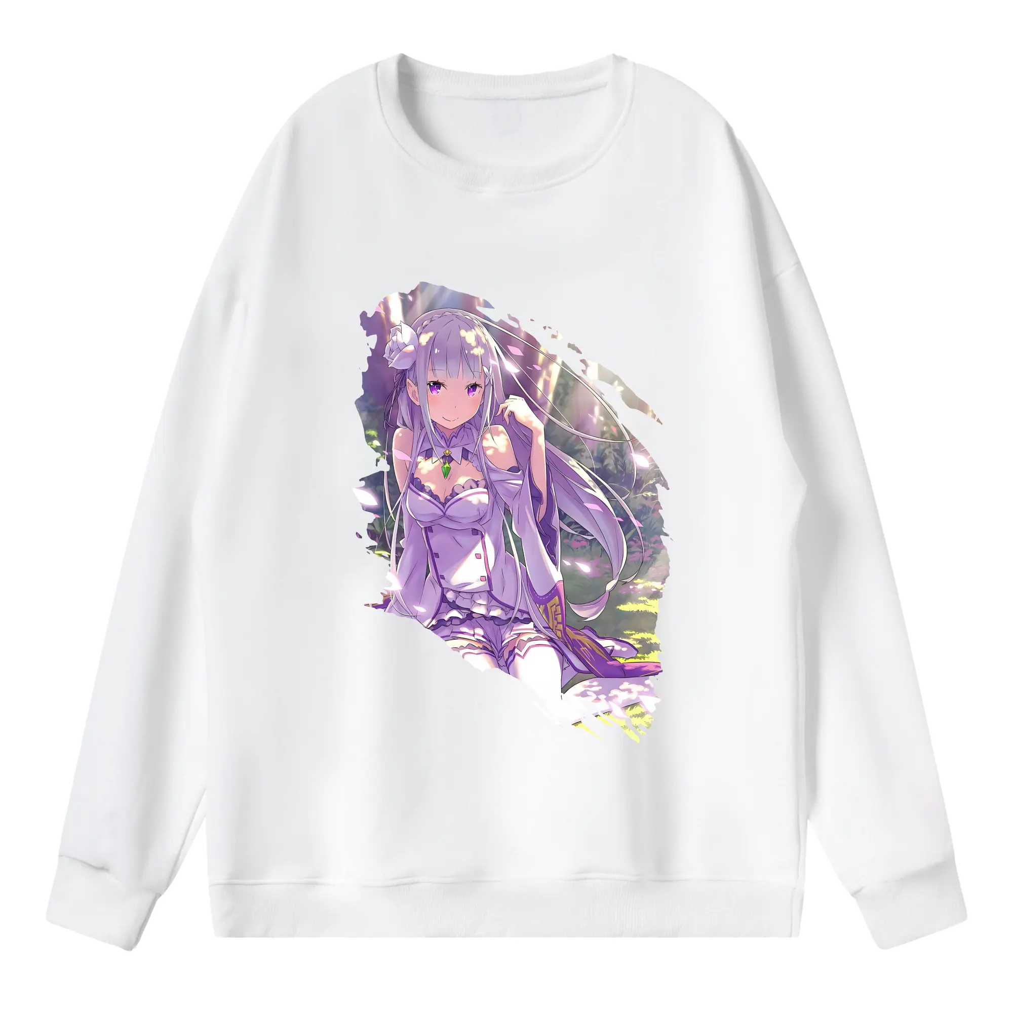 リゼロ グッズ エミリア - 薄手 クルーネック スウェット 裏毛260g · ポリエステル 春秋向け カジュアル 男女兼用 · トレーナー デイリー スポーツ 散歩に最適