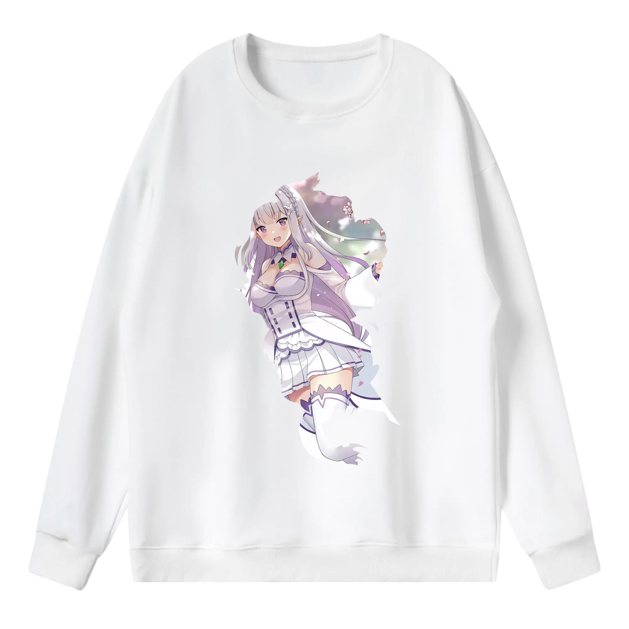 リゼロ グッズ エミリア - 薄手 クルーネック スウェット 裏毛260g · ポリエステル 春秋向け カジュアル 男女兼用 · トレーナー デイリー スポーツ 散歩に最適