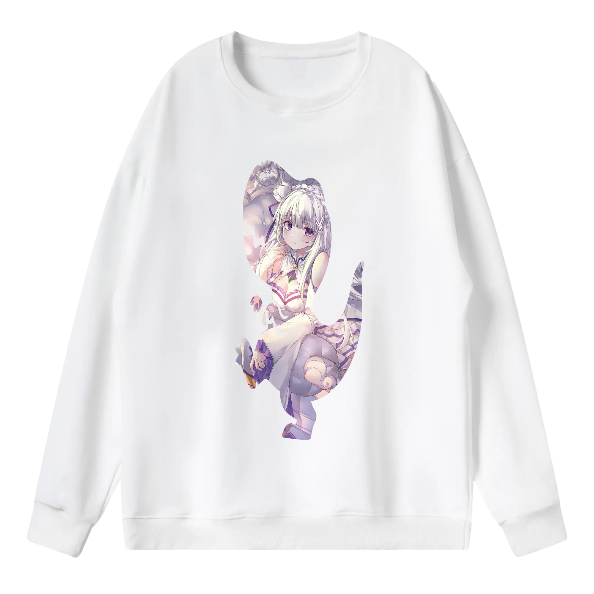 リゼロ グッズ エミリア - 薄手 クルーネック スウェット 裏毛260g · ポリエステル 春秋向け カジュアル 男女兼用 · トレーナー デイリー スポーツ 散歩に最適