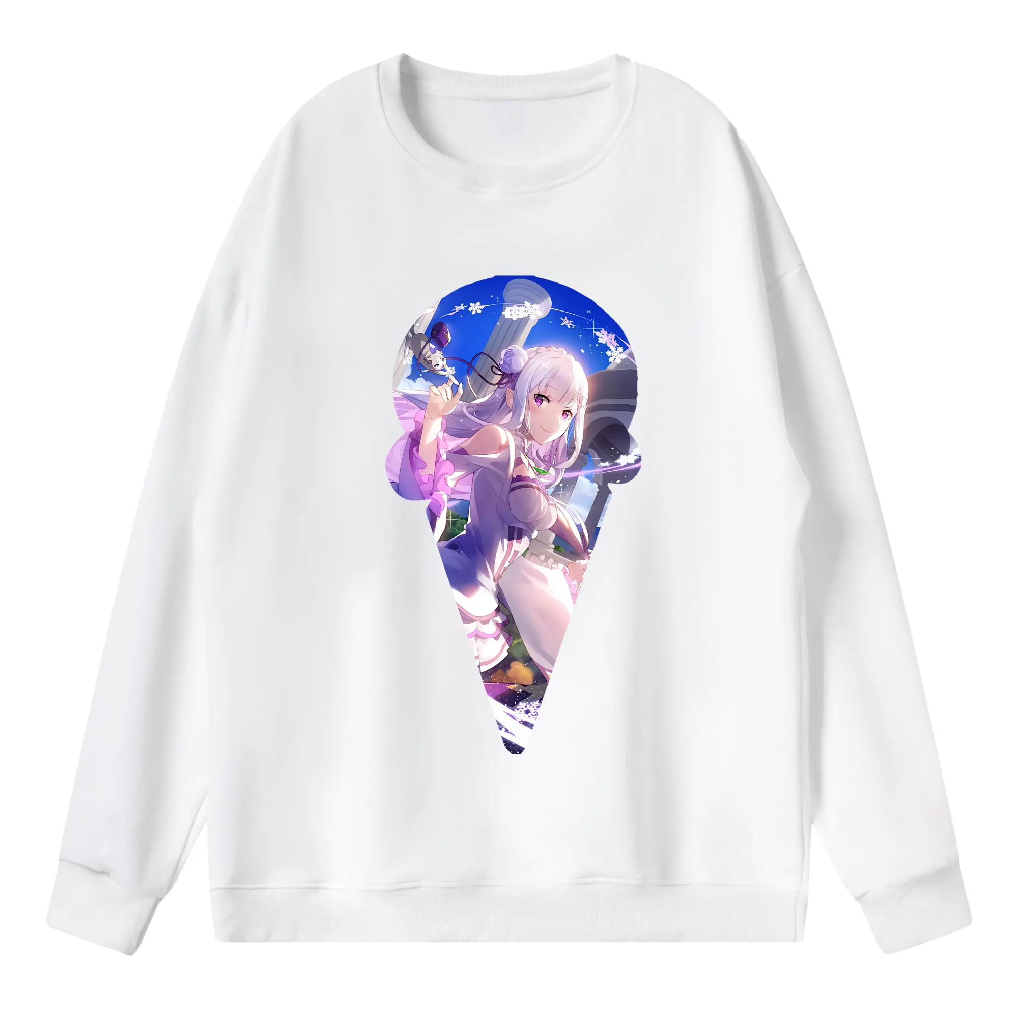 リゼロ グッズ エミリア - 薄手 クルーネック スウェット 裏毛260g · ポリエステル 春秋向け カジュアル 男女兼用 · トレーナー デイリー スポーツ 散歩に最適