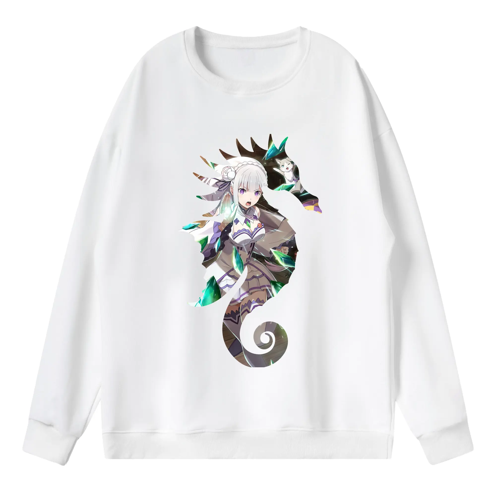 リゼロ グッズ エミリア - 薄手 クルーネック スウェット 裏毛260g · ポリエステル 春秋向け カジュアル 男女兼用 · トレーナー デイリー スポーツ 散歩に最適