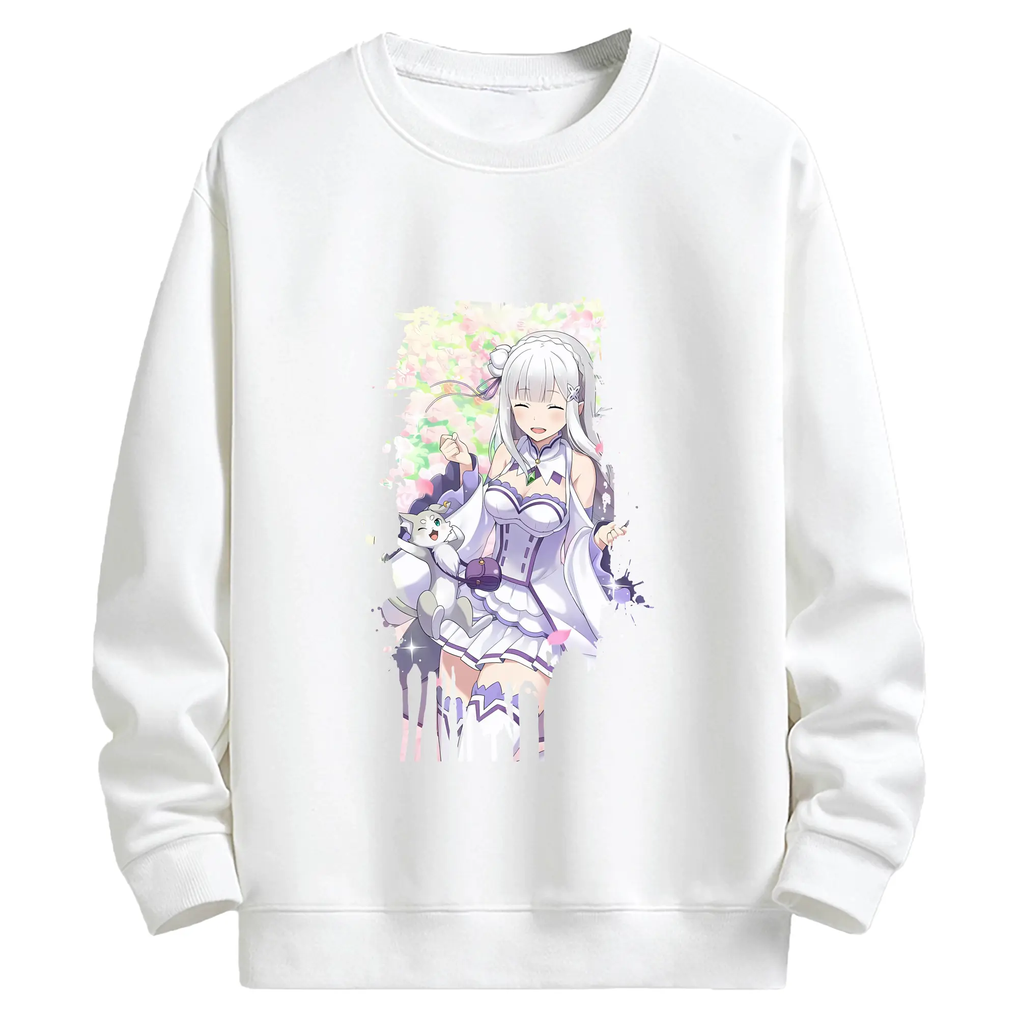 リゼロ グッズ エミリア - キッズ クルーネックスウェットシャツ ・ フロントプリント ・ 綿80％ ポリエステル20％ ・ 快適 通学 スポーツ 日常使い お散歩用