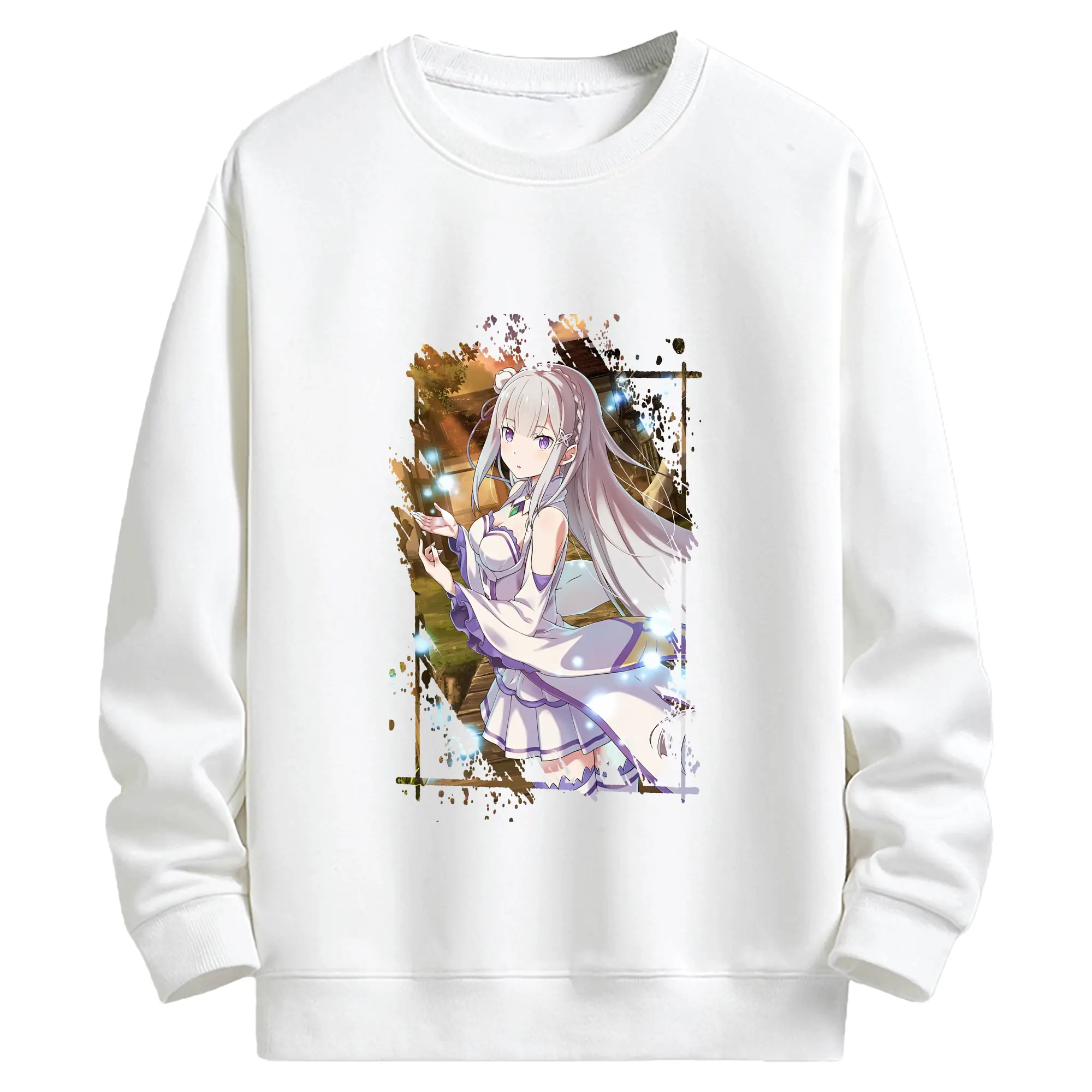 リゼロ グッズ エミリア - キッズ クルーネックスウェットシャツ ・ フロントプリント ・ 綿80％ ポリエステル20％ ・ 快適 通学 スポーツ 日常使い お散歩用