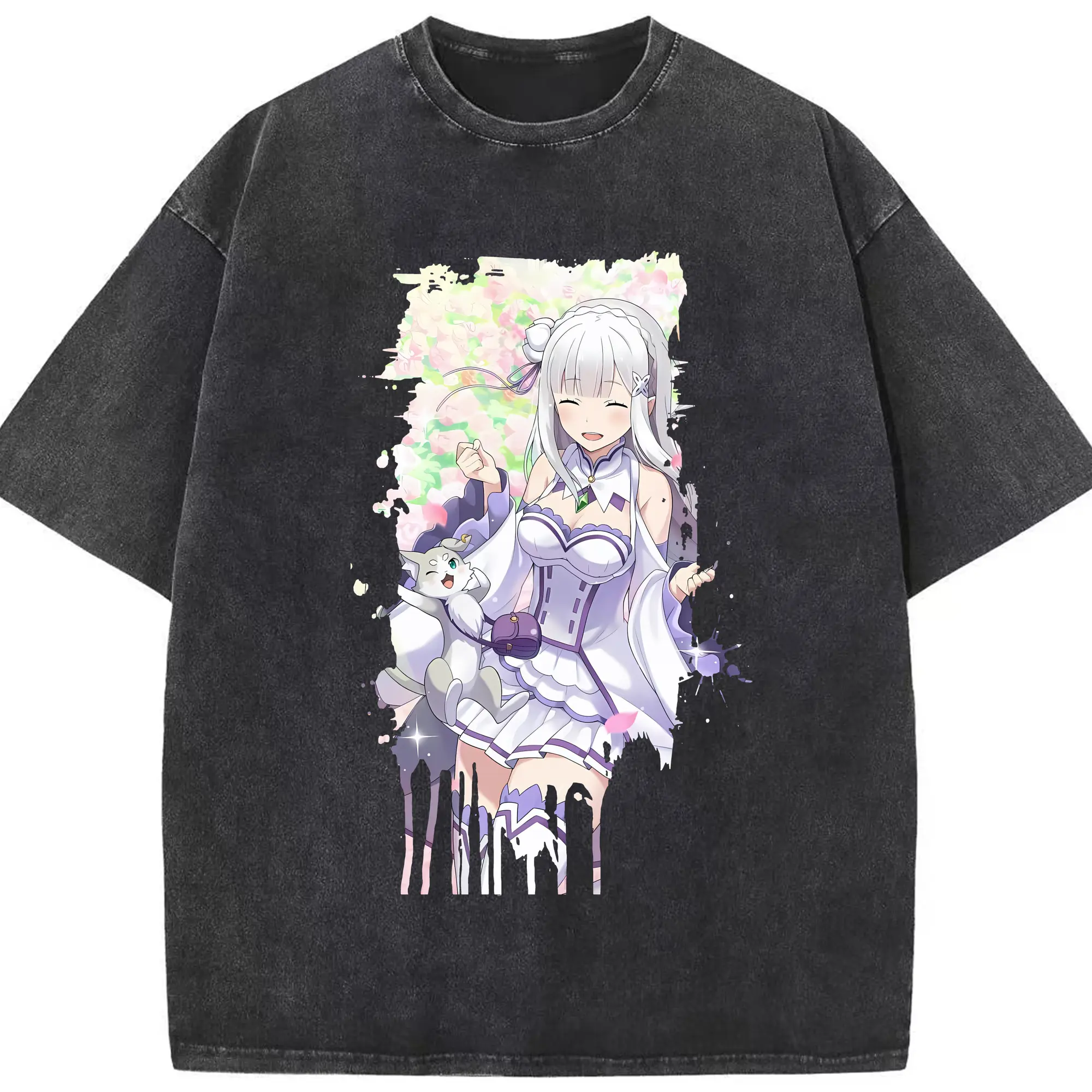 リゼロ グッズ エミリア - 綿100％ ヴィンテージ風 半袖Tシャツ ・ フロントプリント ・ 柔らか肌触り ・ 通気性 快適 ・ スポーツ カジュアル 外出用