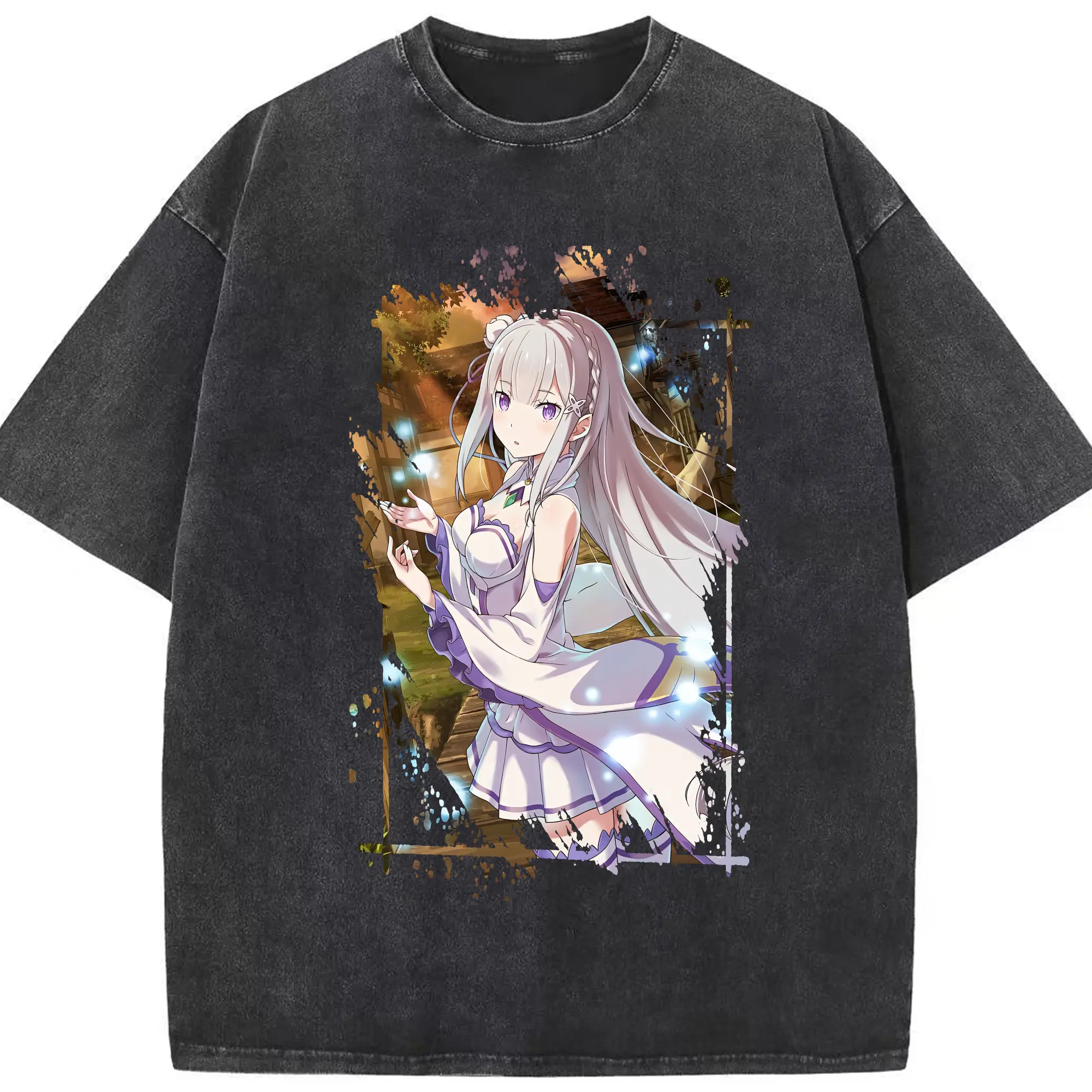 リゼロ グッズ エミリア - 綿100％ ヴィンテージ風 半袖Tシャツ ・ フロントプリント ・ 柔らか肌触り ・ 通気性 快適 ・ スポーツ カジュアル 外出用