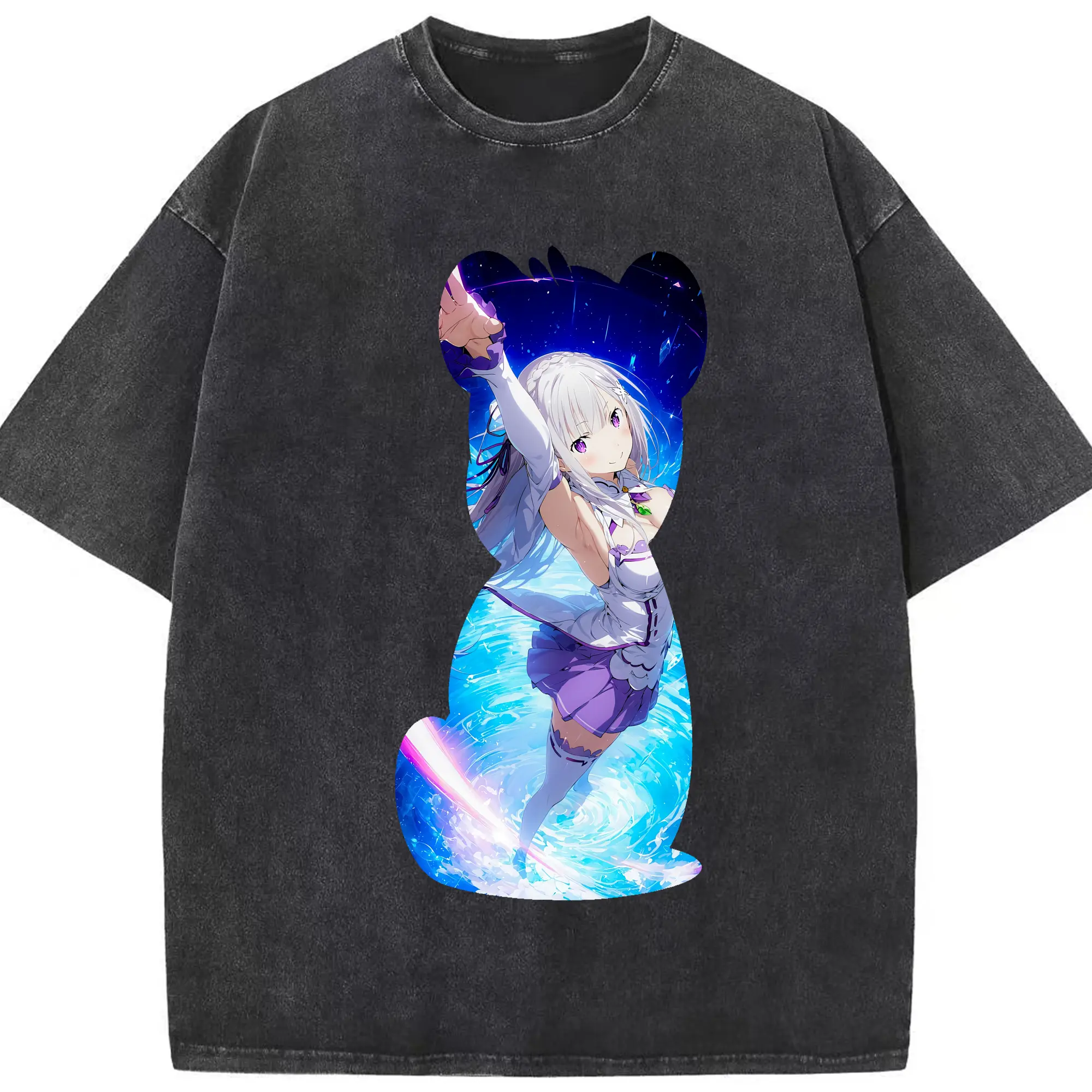 リゼロ グッズ エミリア - 綿100％ ヴィンテージ風 半袖Tシャツ ・ フロントプリント ・ 柔らか肌触り ・ 通気性 快適 ・ スポーツ カジュアル 外出用