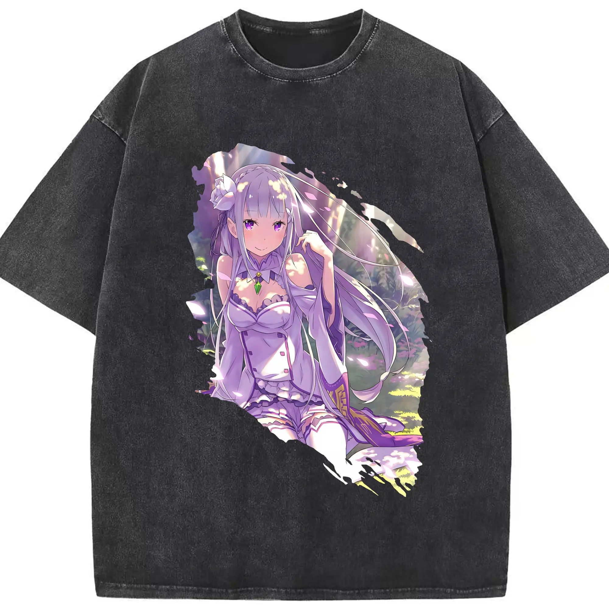 リゼロ グッズ エミリア - 綿100％ ヴィンテージ風 半袖Tシャツ ・ フロントプリント ・ 柔らか肌触り ・ 通気性 快適 ・ スポーツ カジュアル 外出用