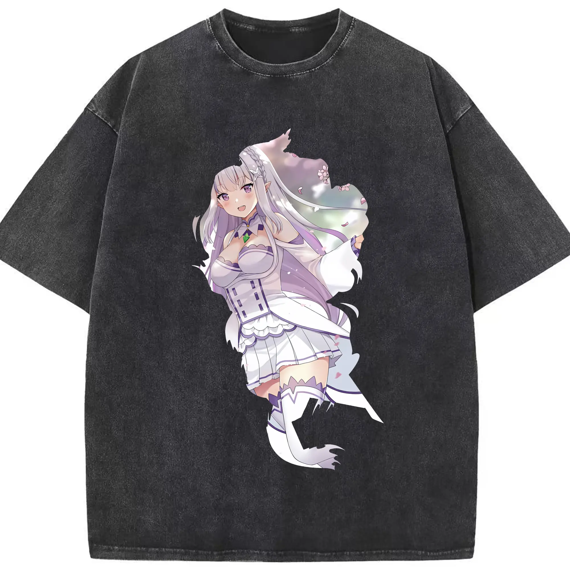 リゼロ グッズ エミリア - 綿100％ ヴィンテージ風 半袖Tシャツ ・ フロントプリント ・ 柔らか肌触り ・ 通気性 快適 ・ スポーツ カジュアル 外出用
