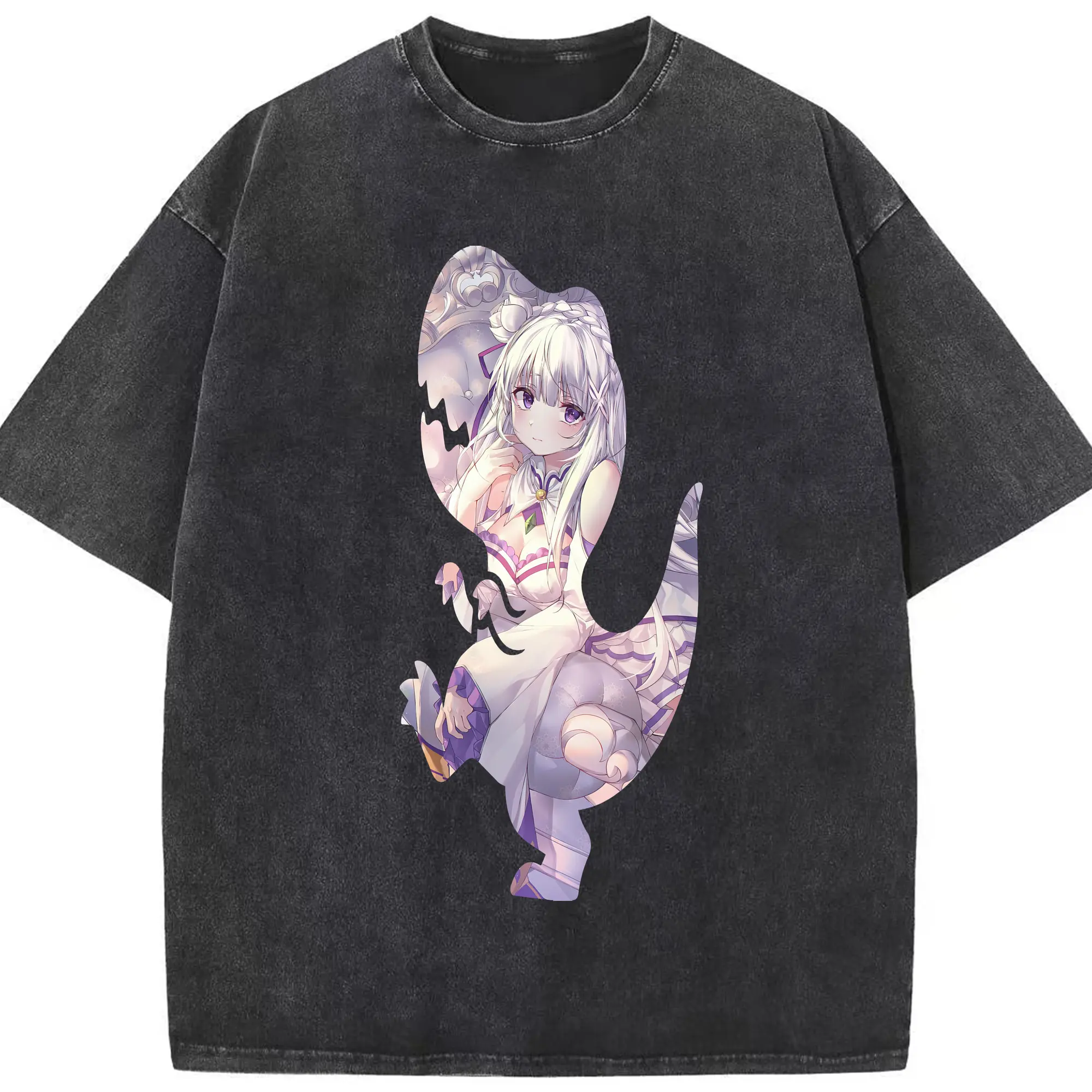 リゼロ グッズ エミリア - 綿100％ ヴィンテージ風 半袖Tシャツ ・ フロントプリント ・ 柔らか肌触り ・ 通気性 快適 ・ スポーツ カジュアル 外出用
