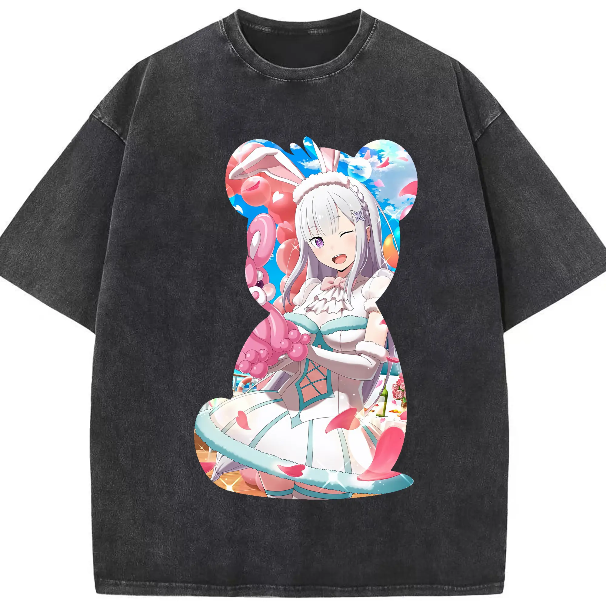 リゼロ グッズ エミリア - 綿100％ ヴィンテージ風 半袖Tシャツ ・ フロントプリント ・ 柔らか肌触り ・ 通気性 快適 ・ スポーツ カジュアル 外出用