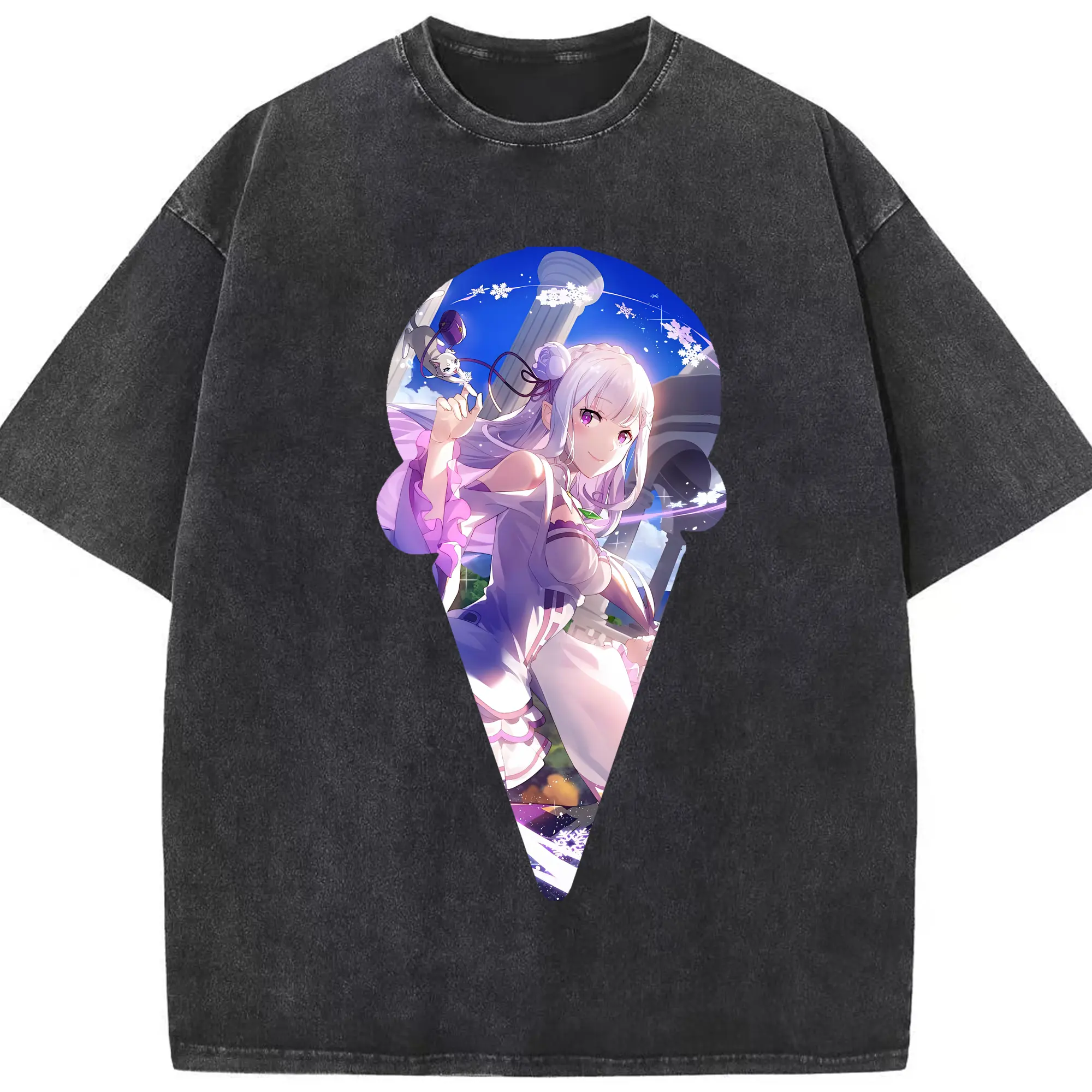 リゼロ グッズ エミリア - 綿100％ ヴィンテージ風 半袖Tシャツ ・ フロントプリント ・ 柔らか肌触り ・ 通気性 快適 ・ スポーツ カジュアル 外出用