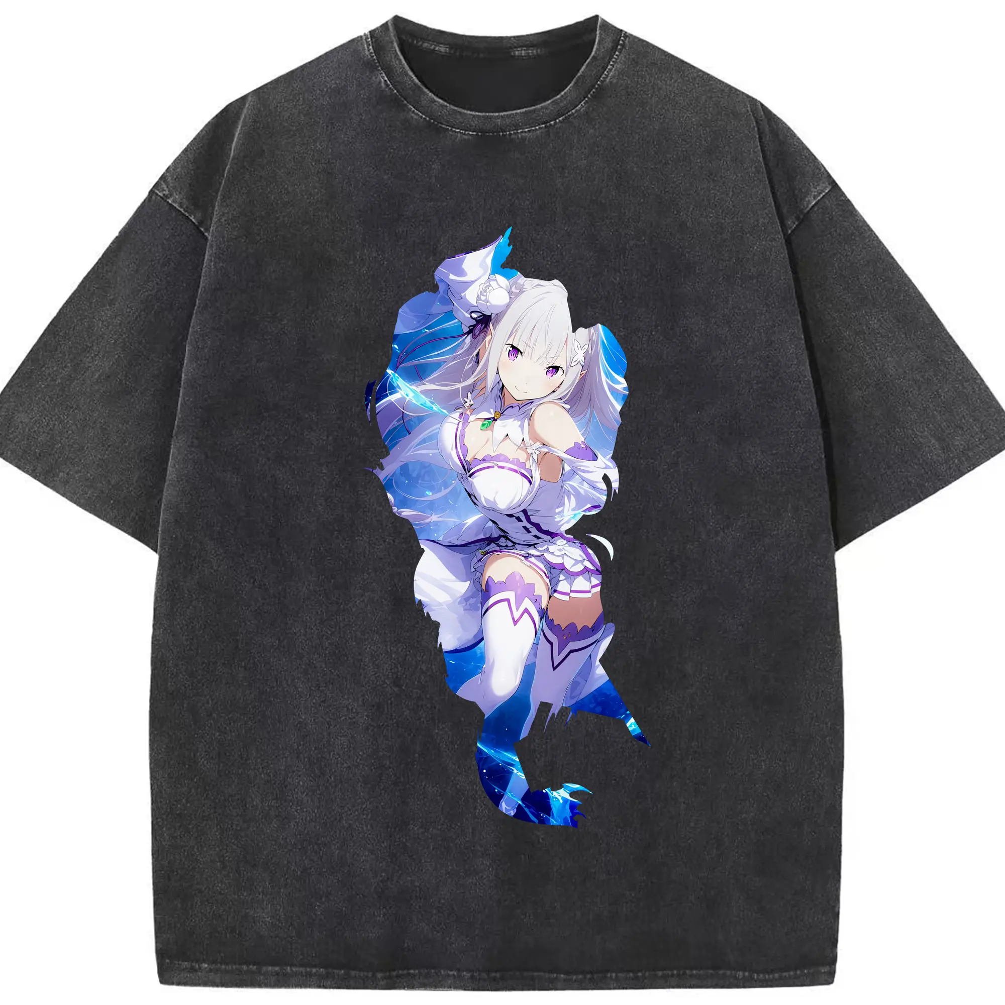 リゼロ グッズ エミリア - 綿100％ ヴィンテージ風 半袖Tシャツ ・ フロントプリント ・ 柔らか肌触り ・ 通気性 快適 ・ スポーツ カジュアル 外出用