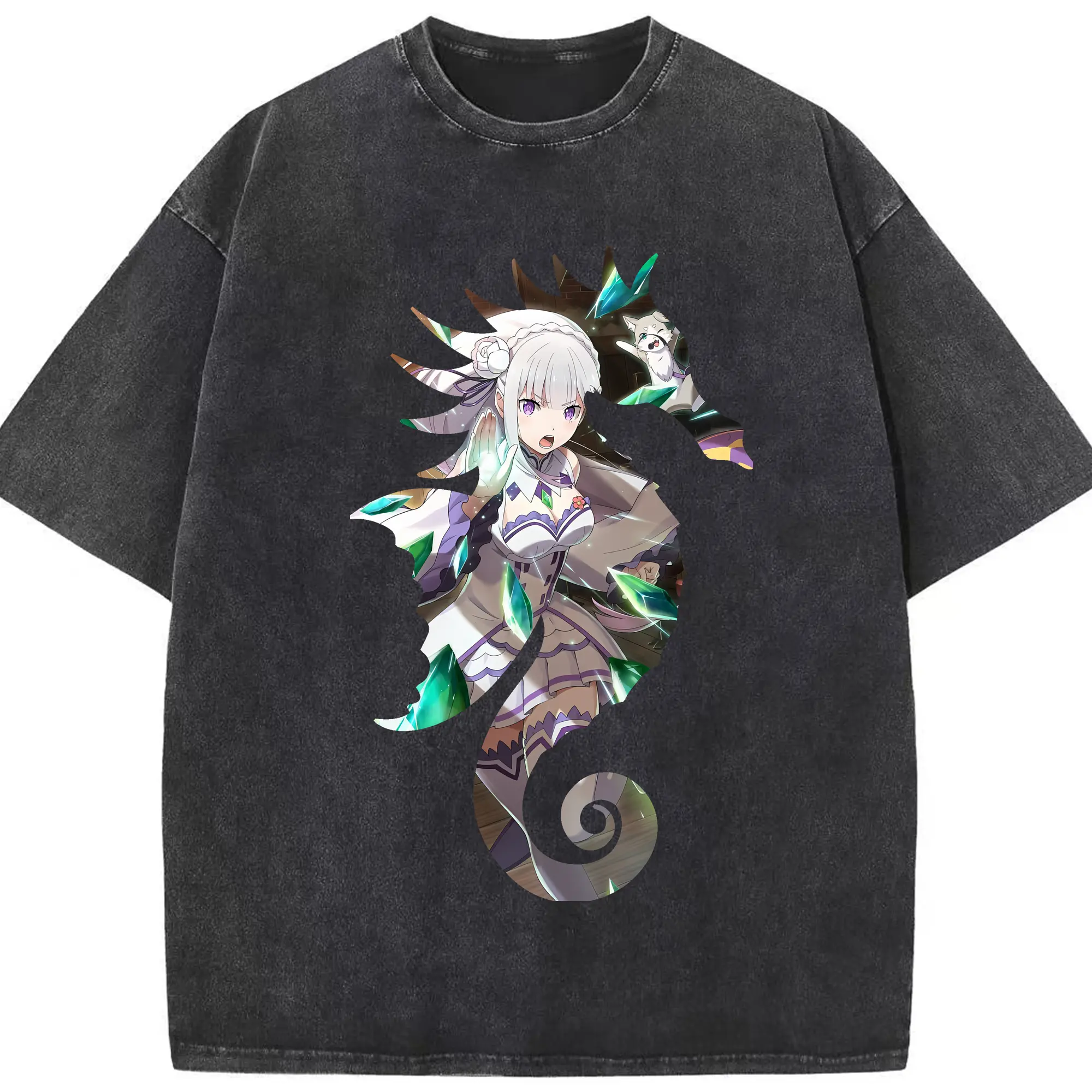 リゼロ グッズ エミリア - 綿100％ ヴィンテージ風 半袖Tシャツ ・ フロントプリント ・ 柔らか肌触り ・ 通気性 快適 ・ スポーツ カジュアル 外出用